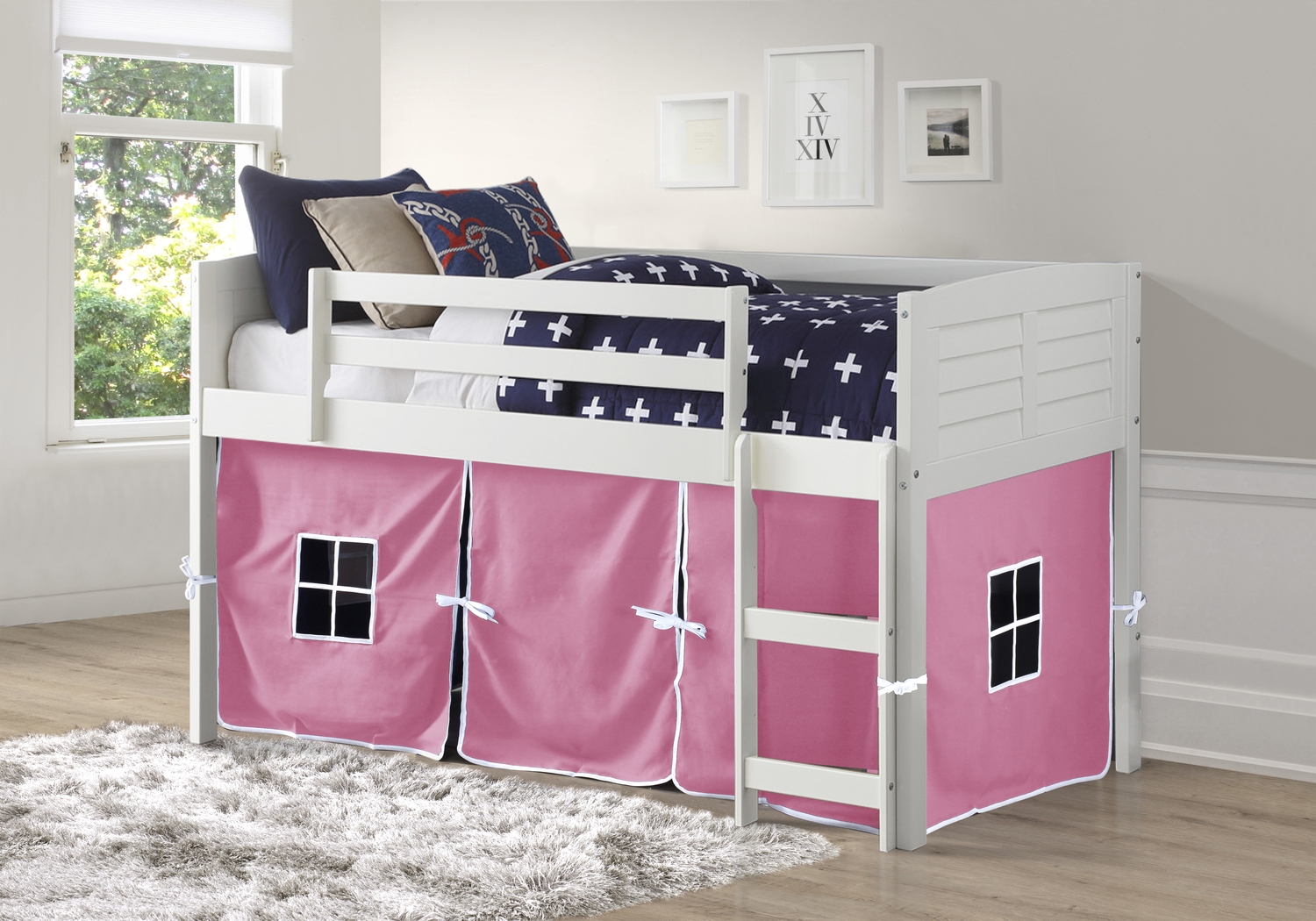 Kids Camp Hideaway White Twin Jr. Loft Bed with Pink Tent - Thumbnail - Image 1