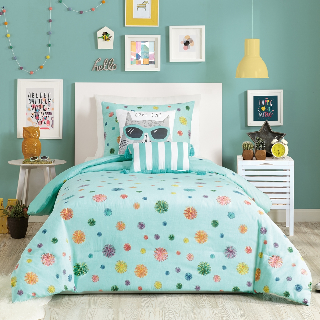 Kids Candy Cat Turquoise Full Comforter Set - Thumbnail - Image 2