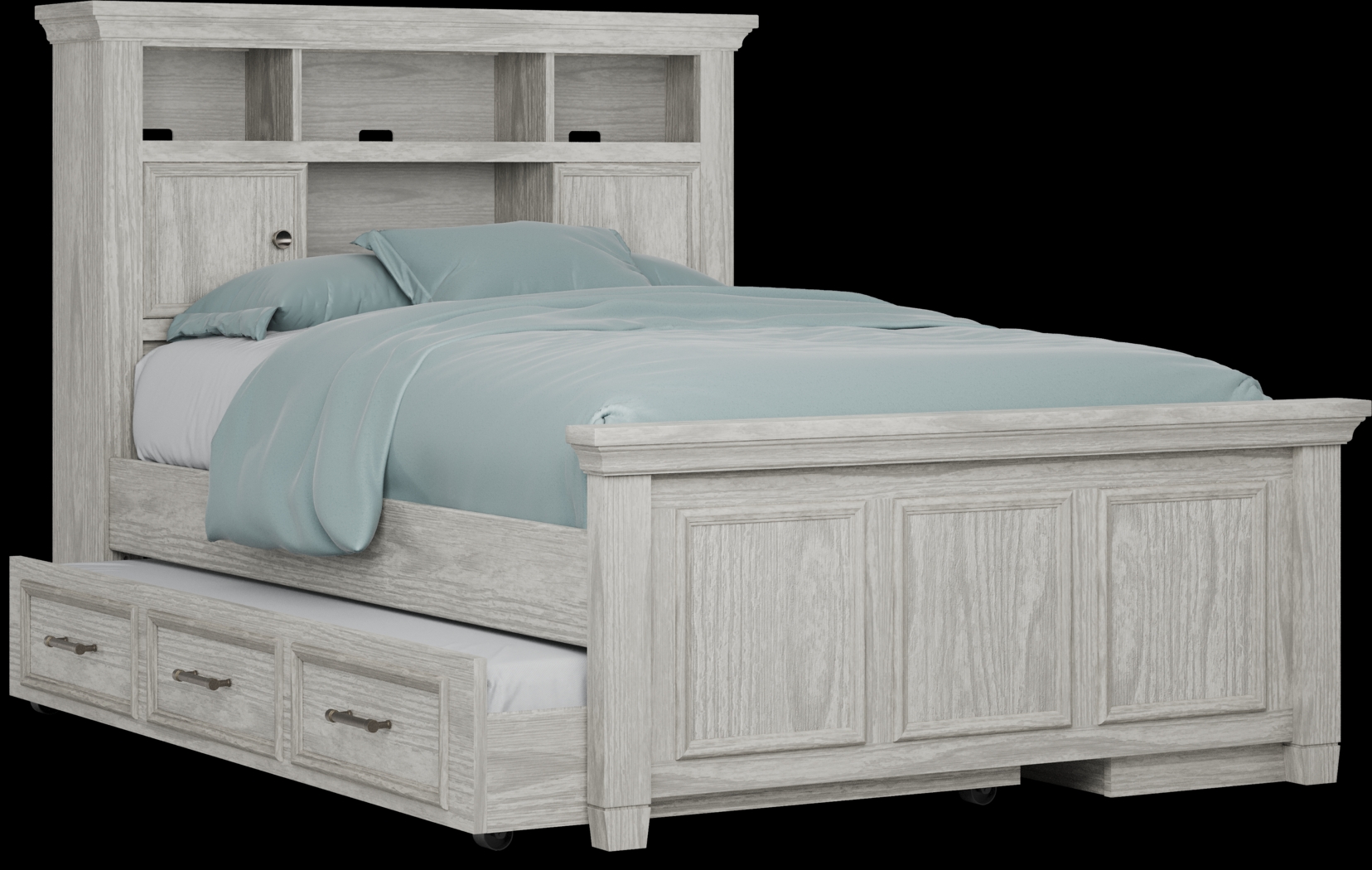 Kids Canyon Lake Ash Gray 4 Pc Full Bookcase Bed with Storage Side Rail and Trundle - Thumbnail - Image 1