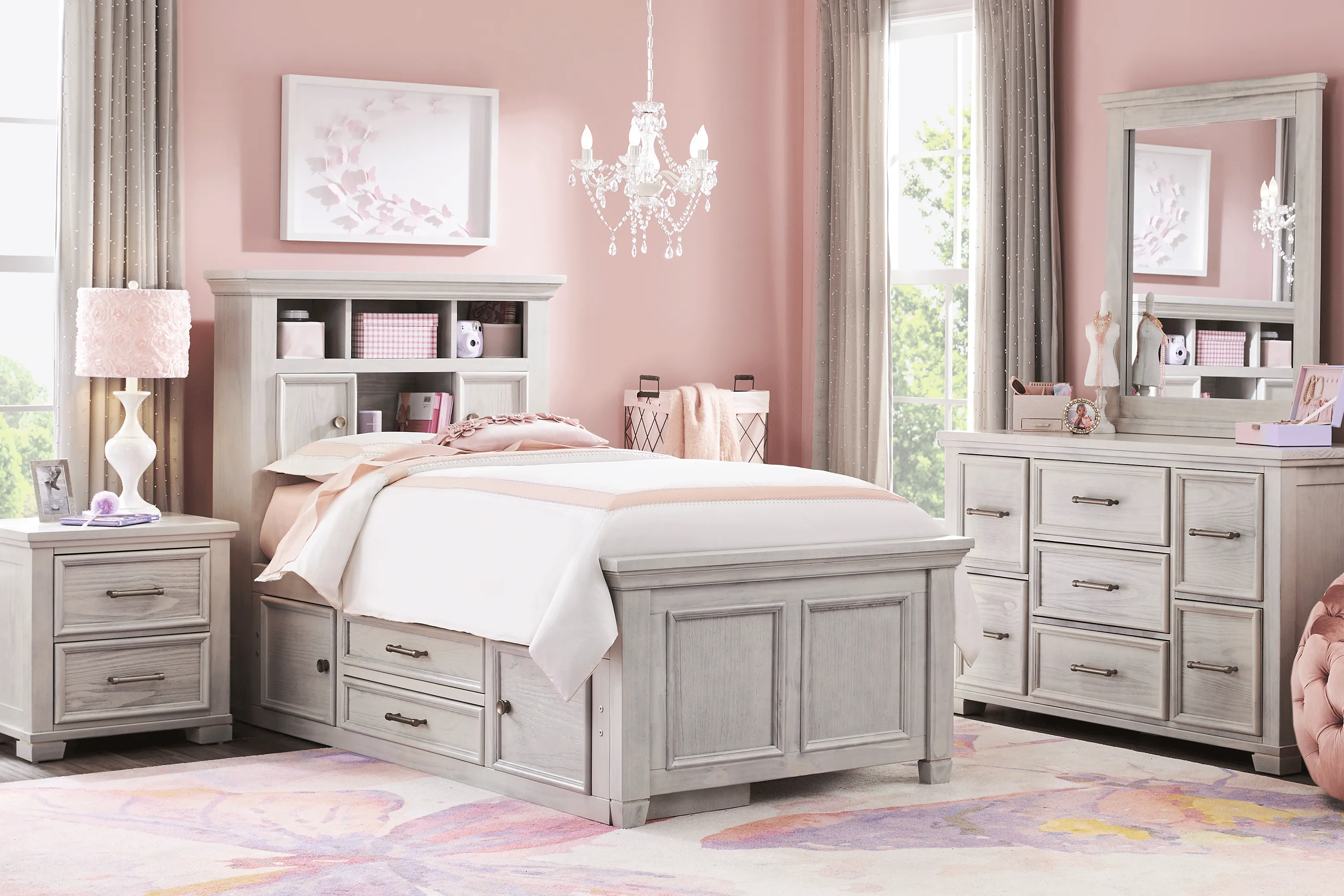 Kids Canyon Lake Ash Gray 5 Pc Twin Bookcase Bedroom with 2 Storage Side Rails - Image 1
