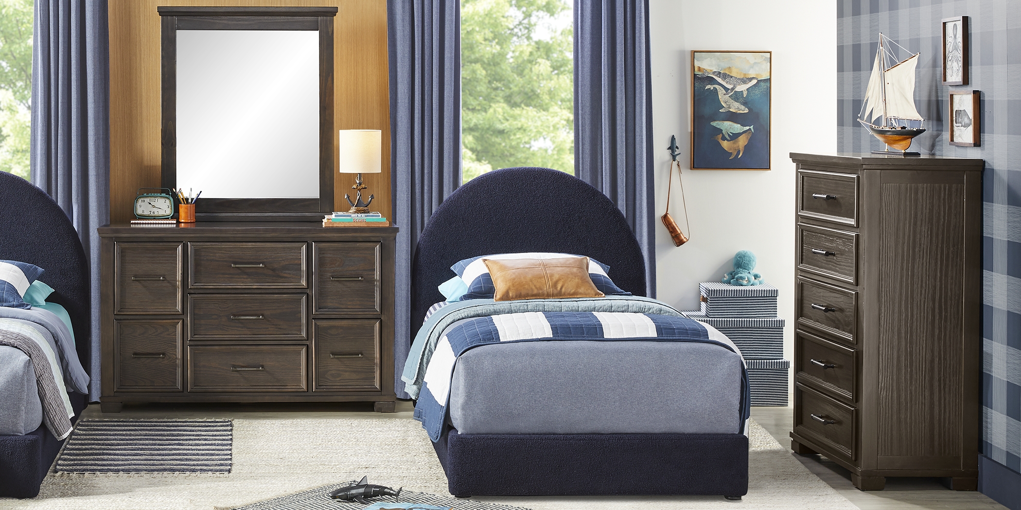 Kids Canyon Lake Java Bedroom with Moonstone Navy Twin Upholstered Bed - Thumbnail - Image 2