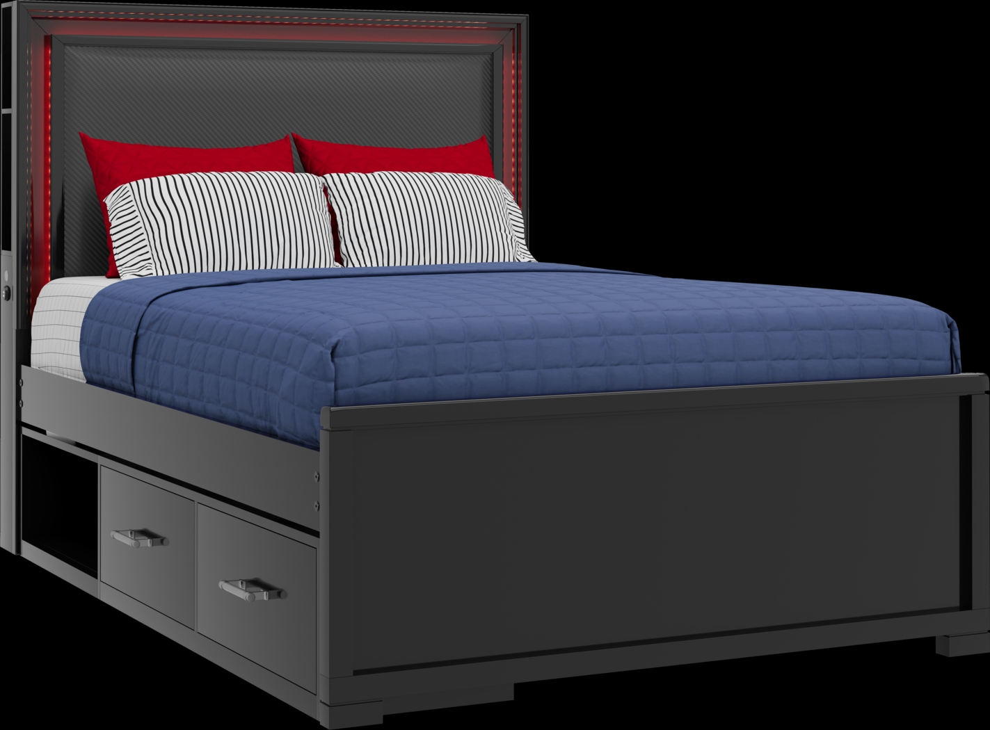 Kids Carbon Optix Black Full Storage Bed with LED Lights - Thumbnail - Image 1