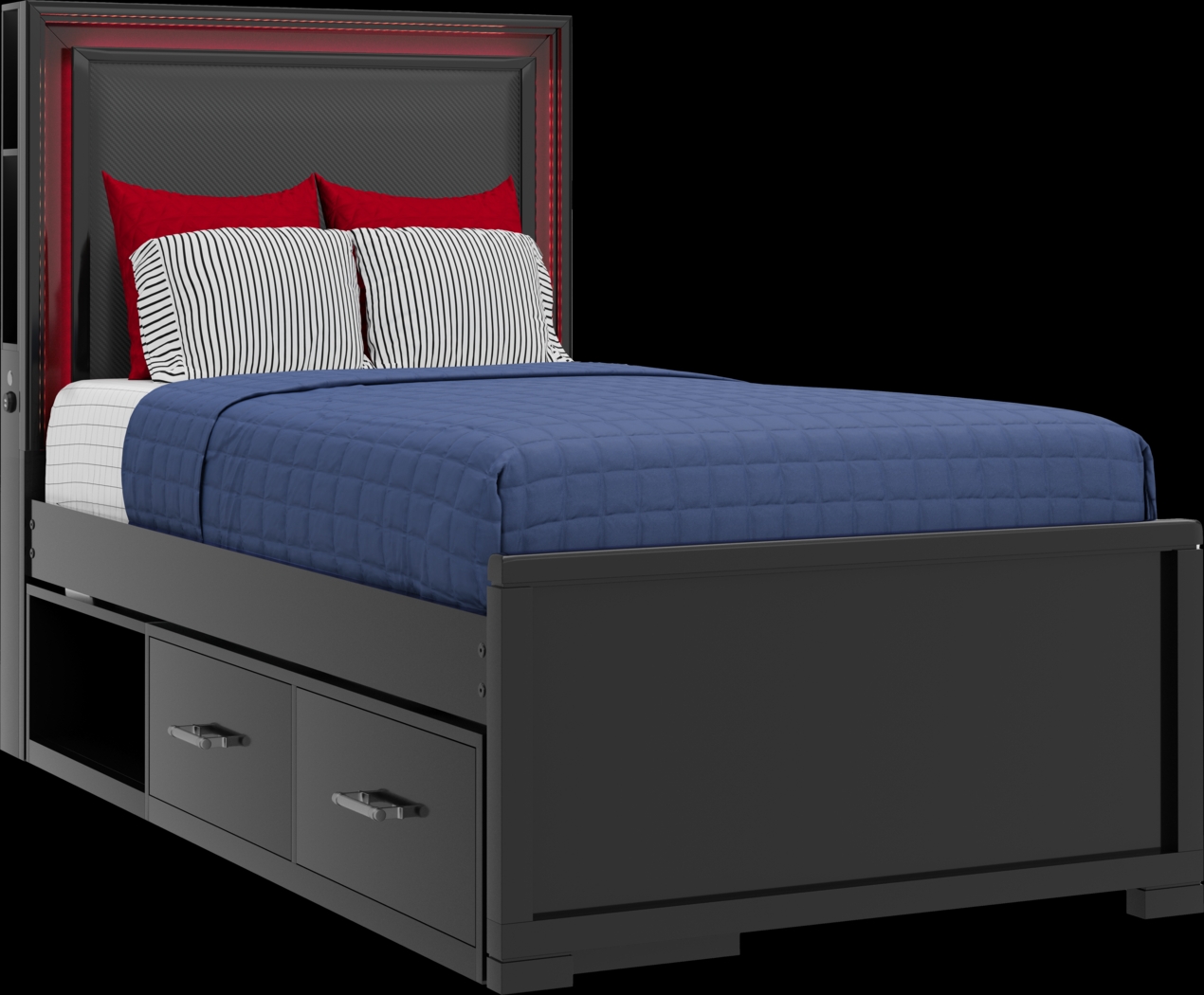 Kids Carbon Optix Black Twin Storage Bed with LED Lights - Thumbnail - Image 1