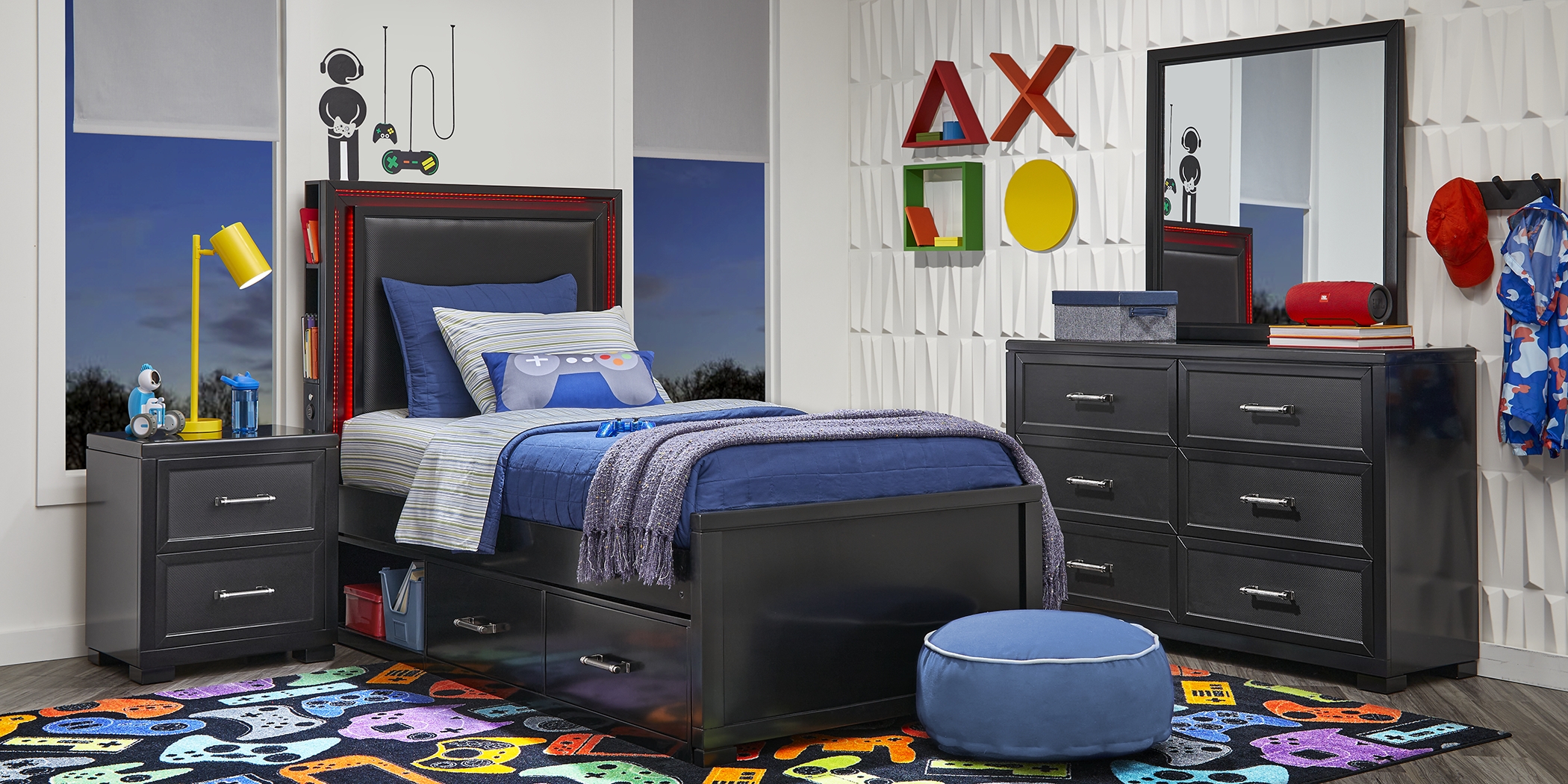 Kids Carbon Optix Black 5 Pc Twin Bedroom with LED Lights - Thumbnail - Image 3