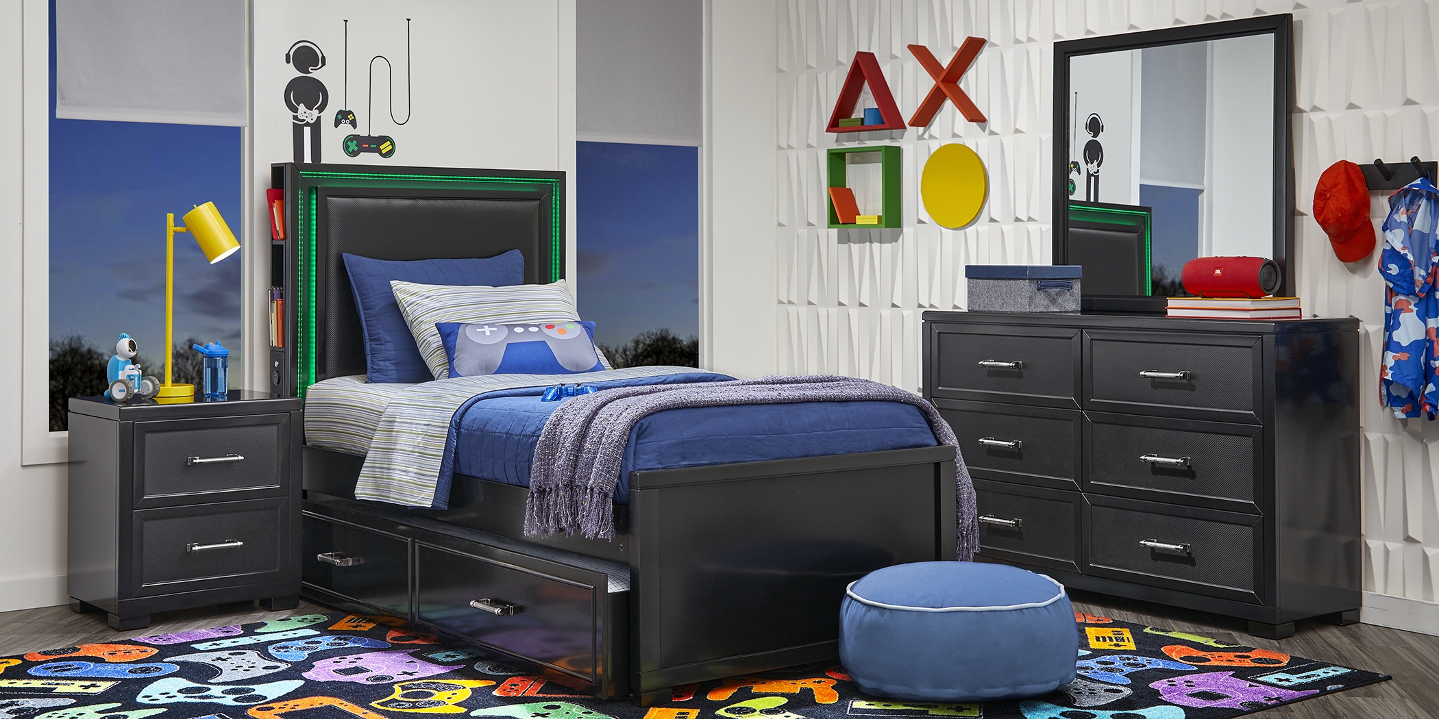 Kids Carbon Optix Black Twin Bedroom with LED Lights - Thumbnail - Image 6