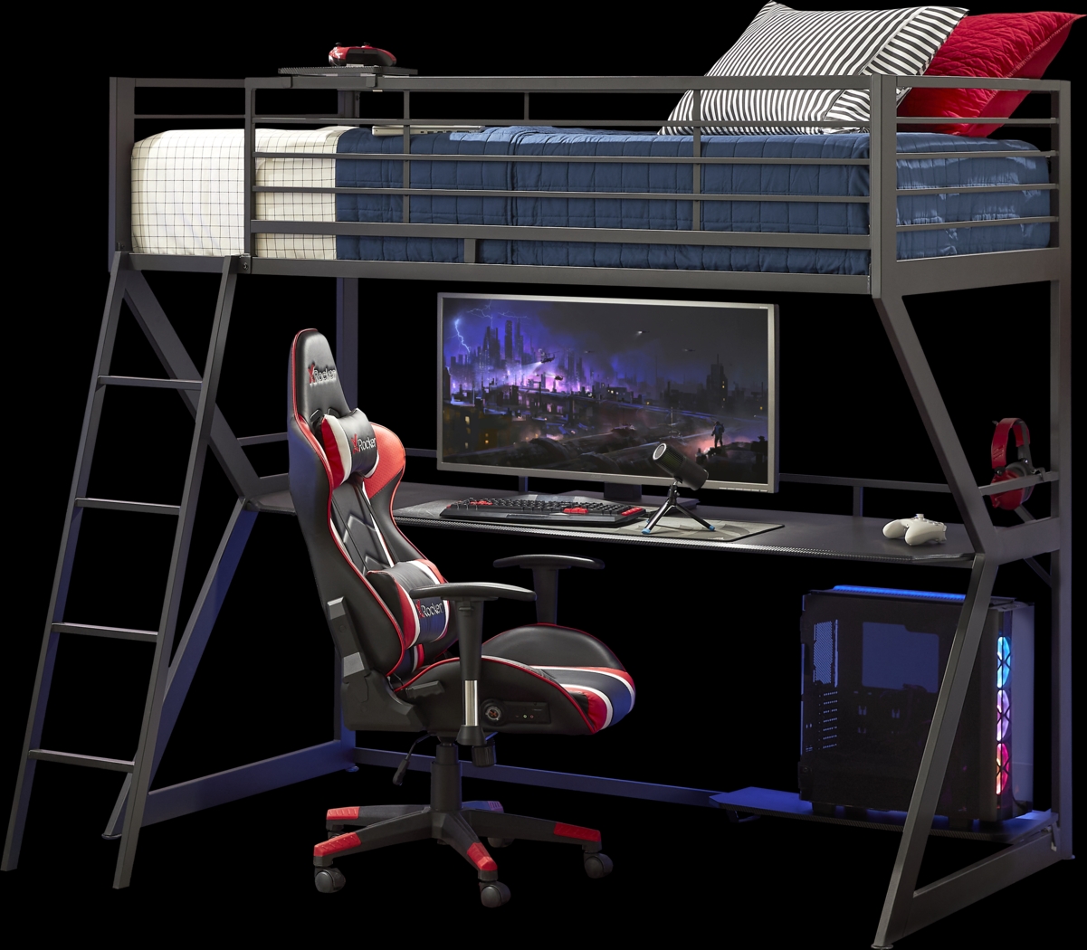 Kids Carbon Optix Black Twin Gaming Loft Bed with LED Lights and Accessories - Thumbnail - Image 3