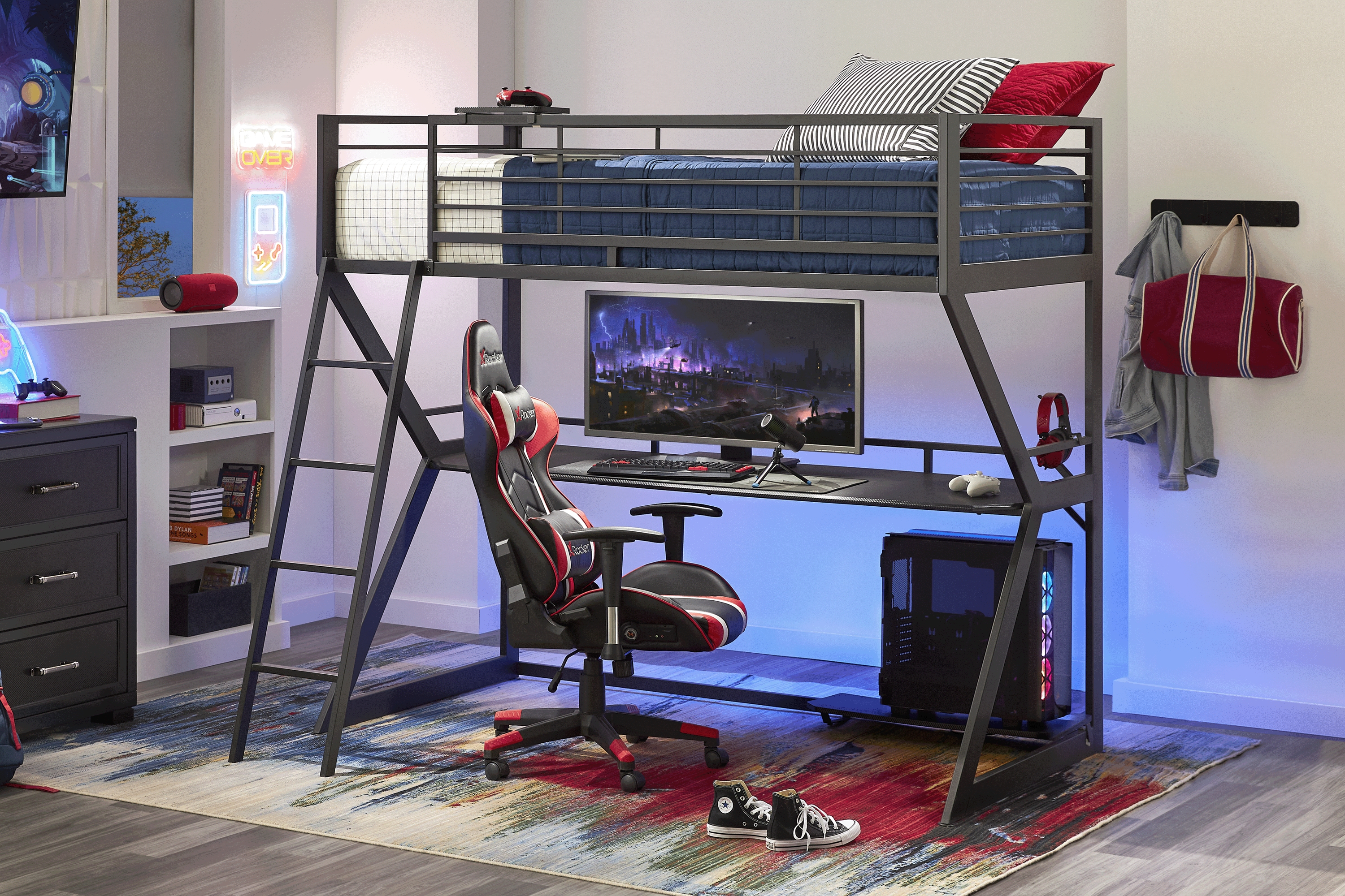 Kids Carbon Optix Black Twin Gaming Loft Bed with LED Lights and Accessories - Thumbnail - Image 2