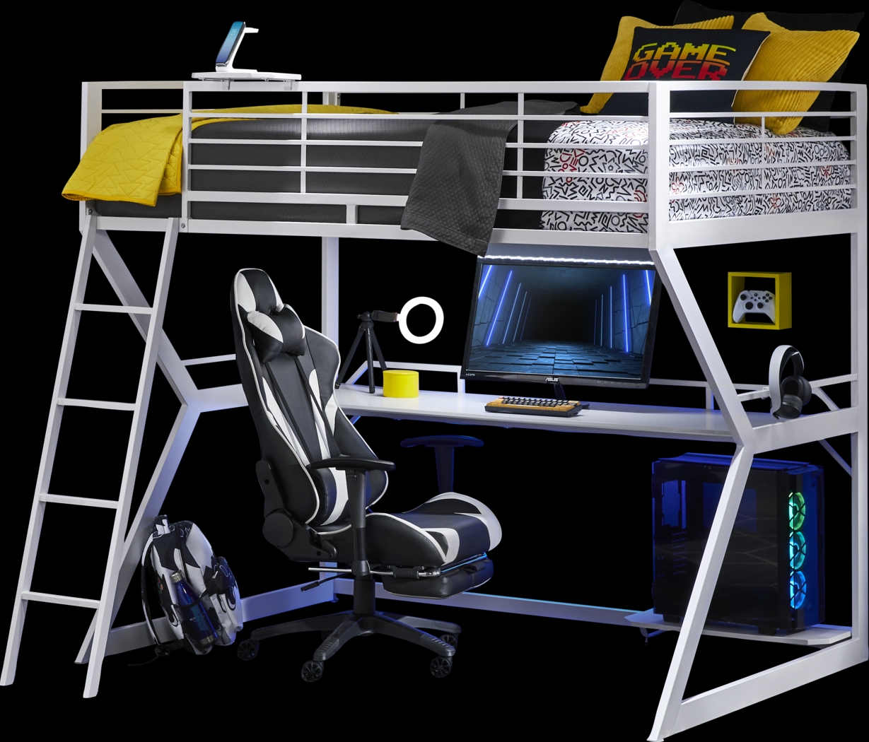 Kids Carbon Optix White Full Gaming Loft Bed with LED Lights and Accessories - Thumbnail - Image 1