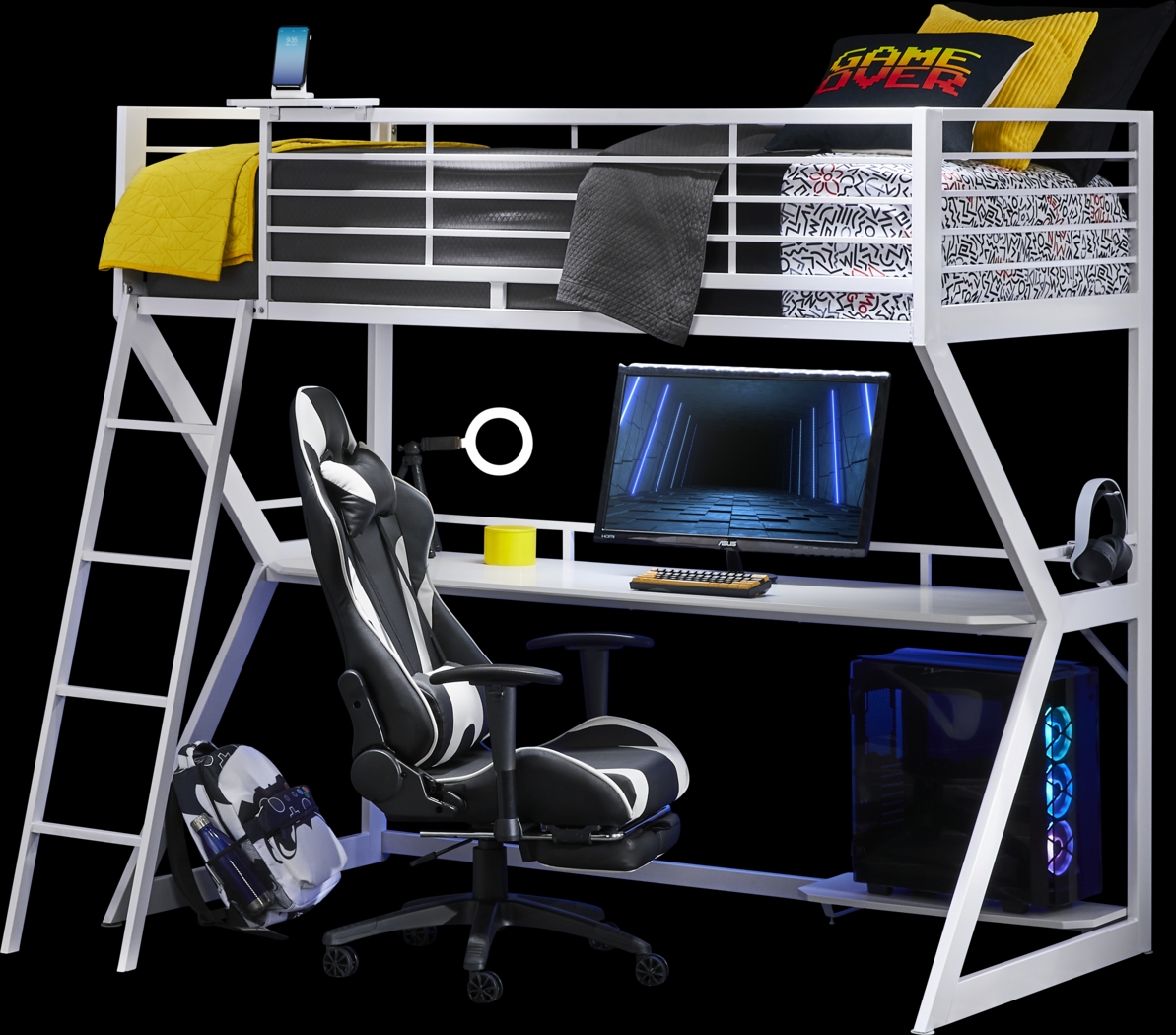 Kids Carbon Optix White Twin Gaming Loft Bed with LED Lights and Accessories - Thumbnail - Image 1