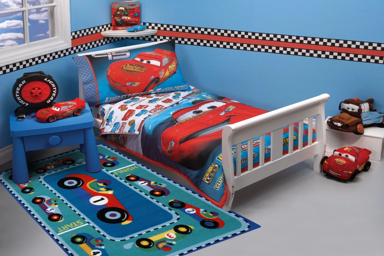 Kids Chasing Cars Blue 3' x 5' Rug - Thumbnail - Image 2