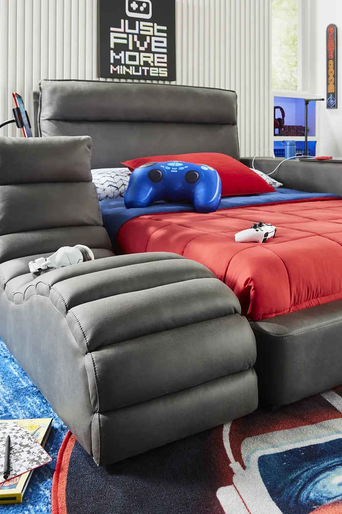 Kids Cloud9 Charcoal Full Upholstered Bed with Nightstand, Lounger and Bookcase - Image 7