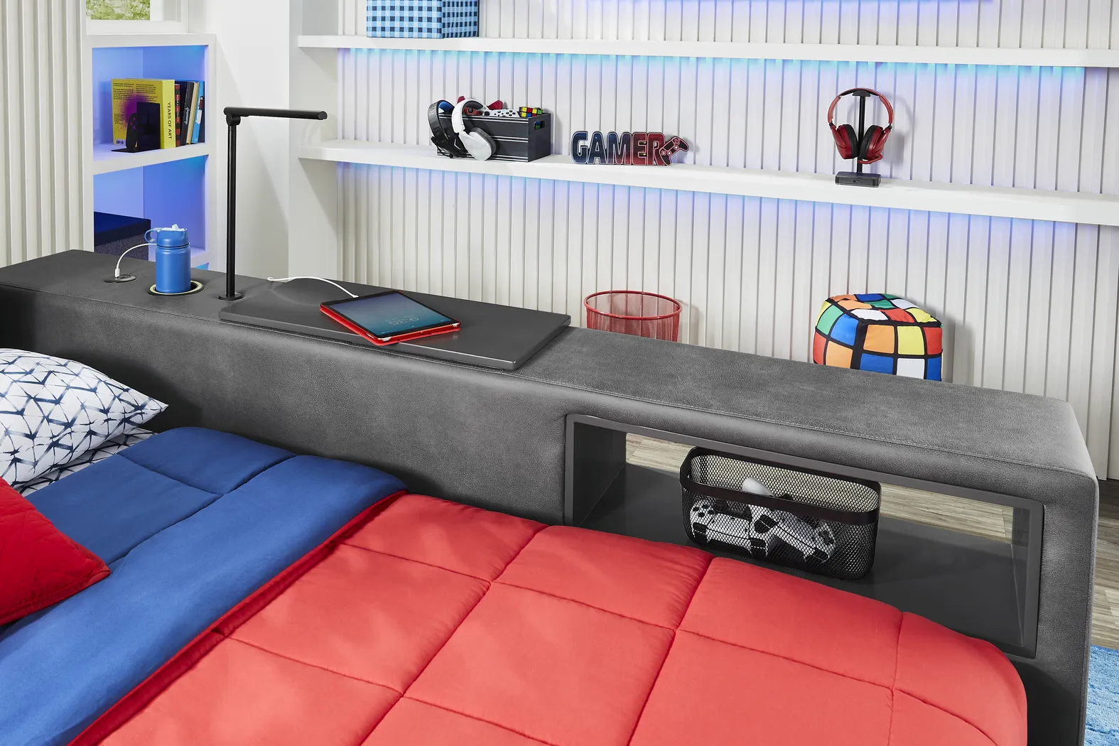 Kids Cloud9 Charcoal Full Upholstered Bed with Nightstand, Lounger and Bookcase - Image 9