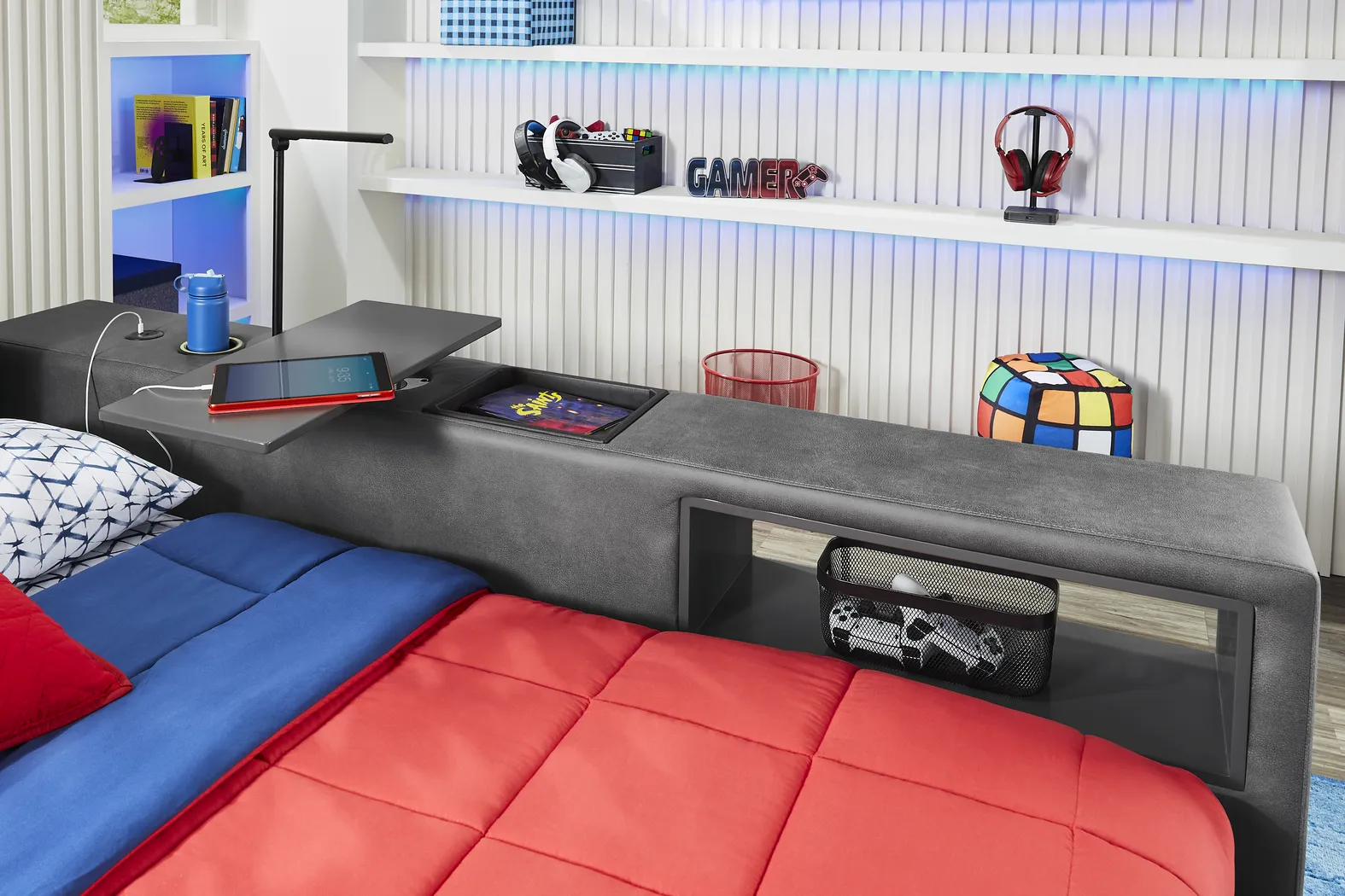 Kids Cloud9 Charcoal Full Upholstered Bed with Nightstand, Lounger and Bookcase - Image 10