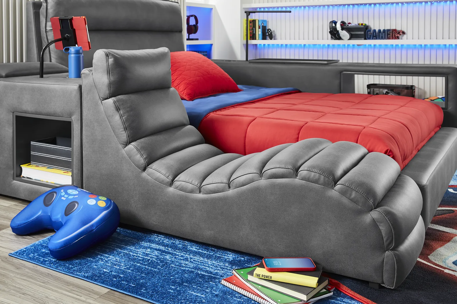 Kids Cloud9 Charcoal Full Upholstered Bed with Nightstand, Lounger and Bookcase - Image 5