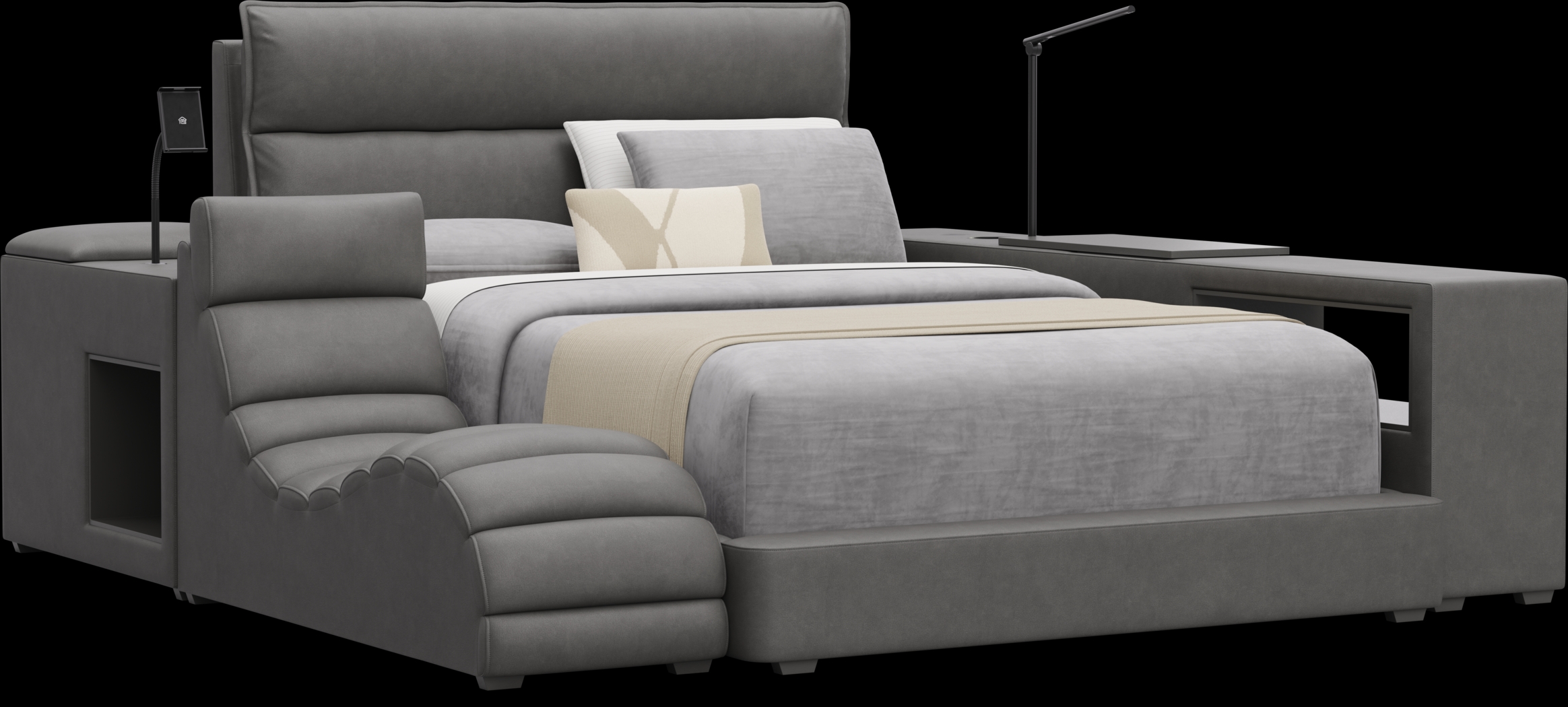 Kids Cloud9 Charcoal Full Upholstered Bed with Nightstand, Lounger and Bookcase - Thumbnail - Image 1