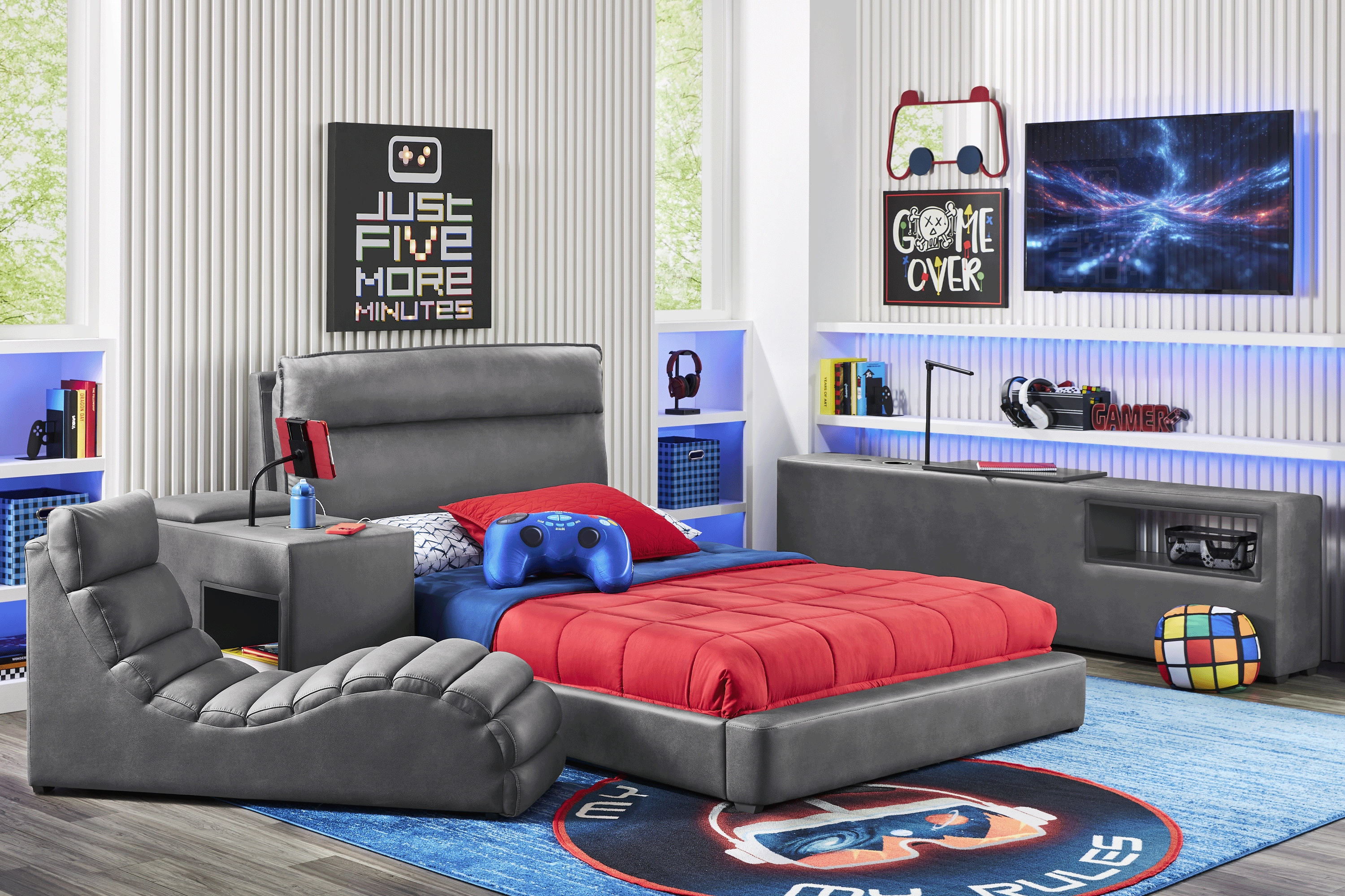 Kids Cloud9 Charcoal Twin Upholstered Bed with Nightstand and Lounger - Thumbnail - Image 3