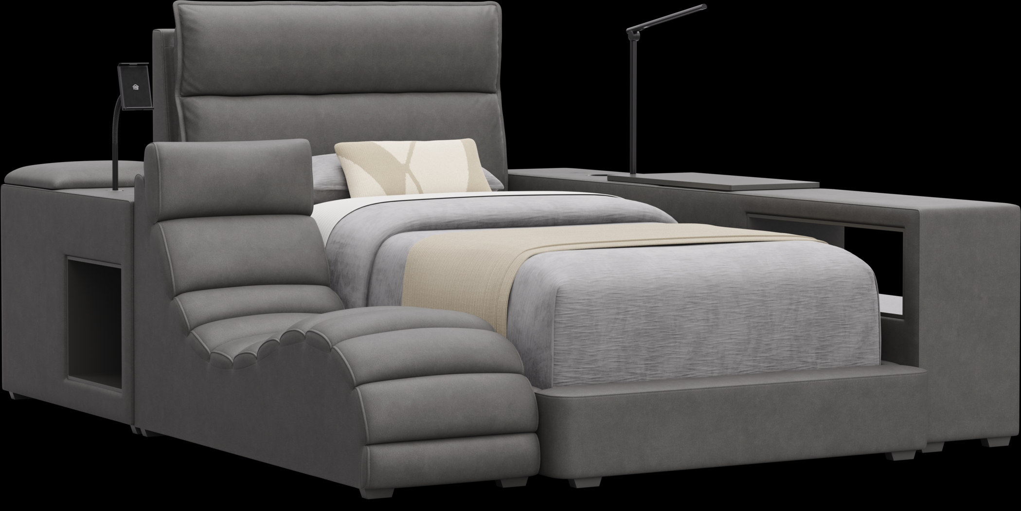 Kids Cloud9 Charcoal Twin Upholstered Bed with Nightstand, Lounger and Bookcase - Thumbnail - Image 1