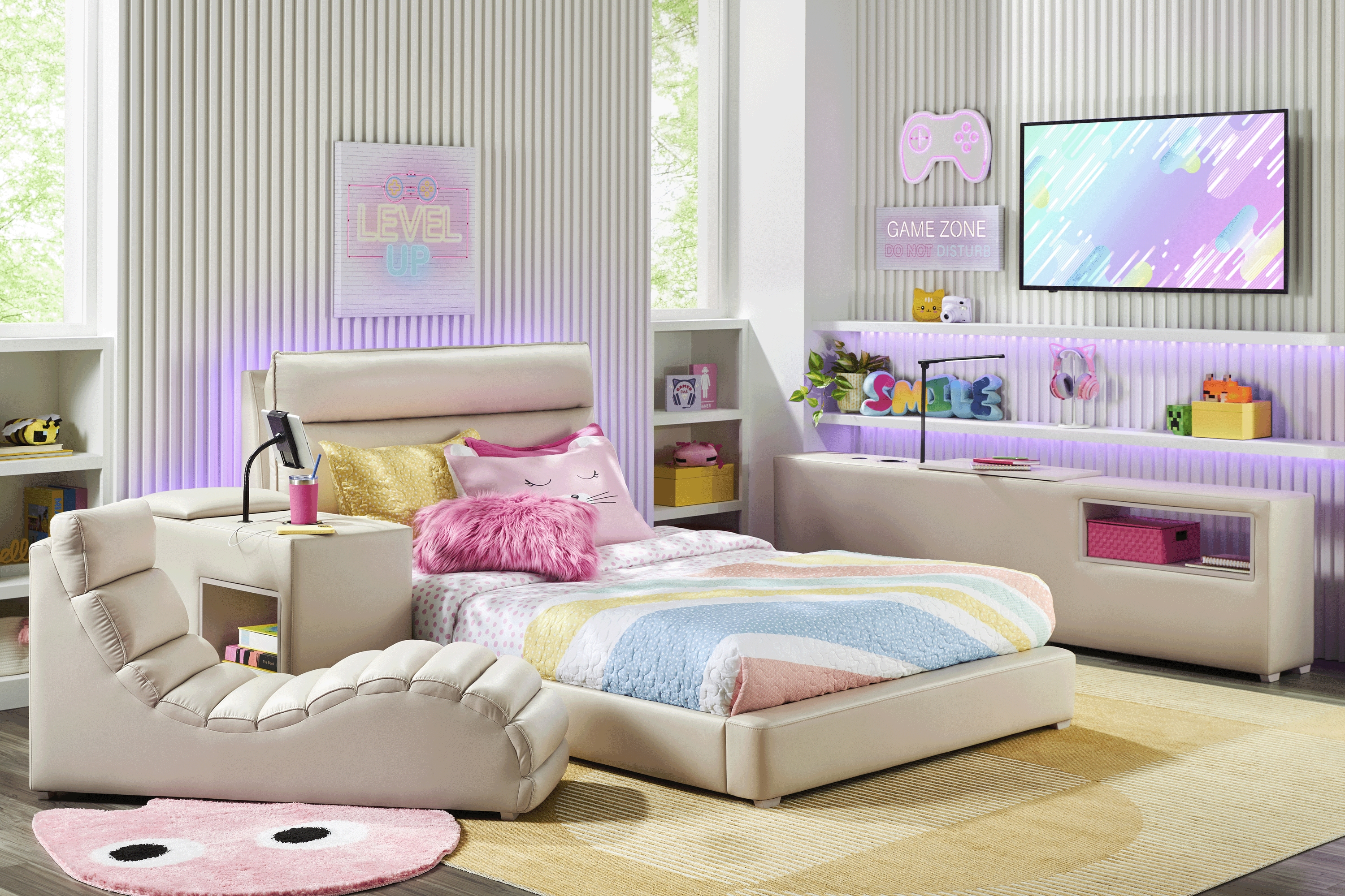 Kids Cloud9 Cream Full Upholstered Bed with Nightstand and Lounger - Thumbnail - Image 3