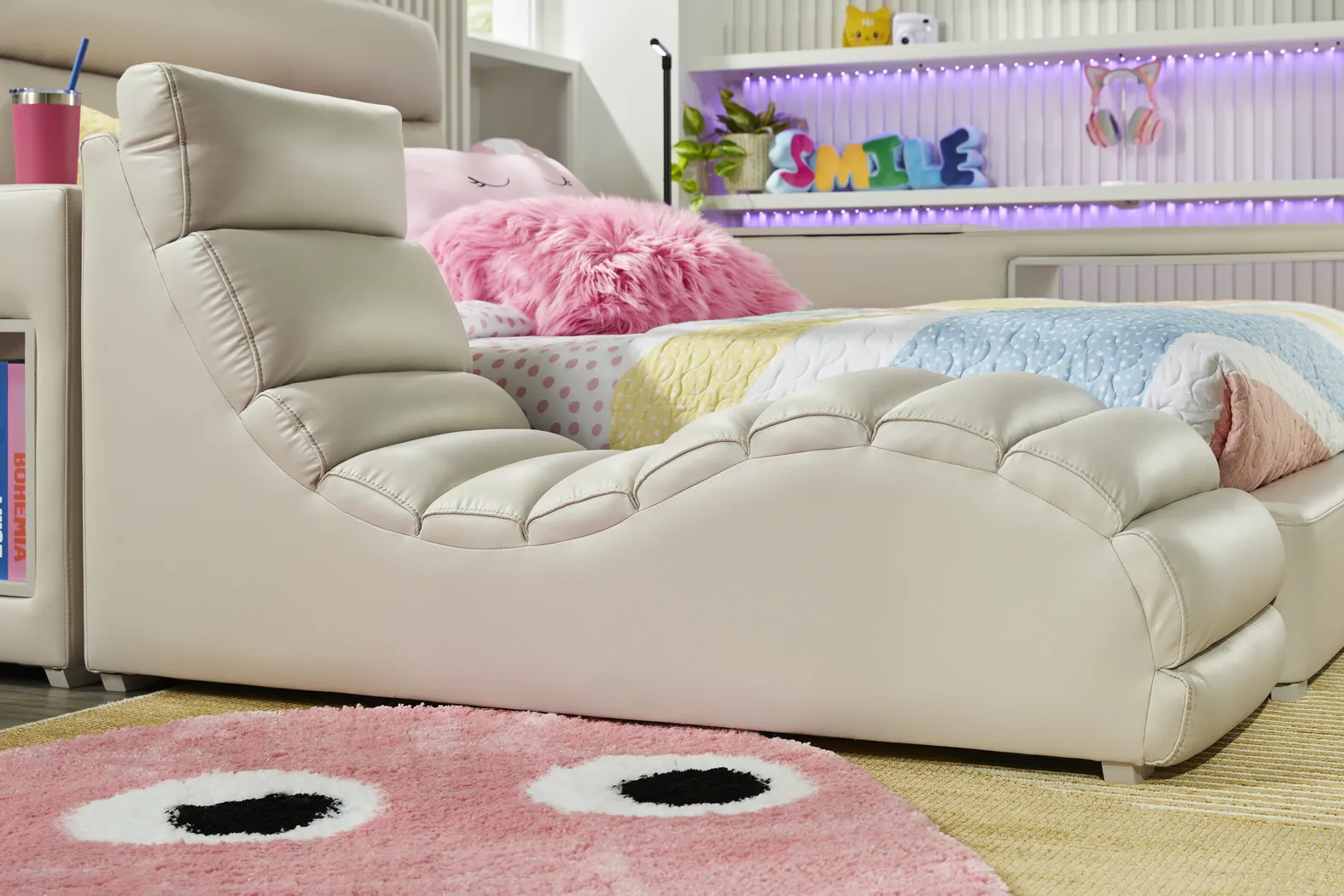 Kids Cloud9 Cream Full Upholstered Bed with Nightstand, Lounger and Bookcase - Image 5