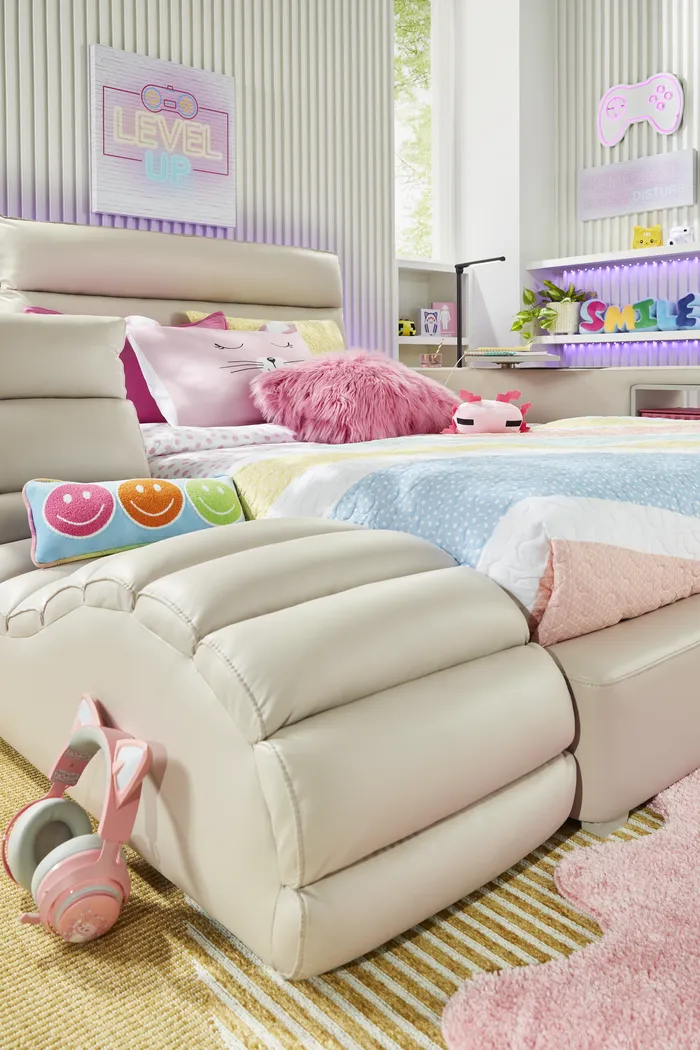 Kids Cloud9 Cream Full Upholstered Bed with Nightstand, Lounger and Bookcase - Image 6