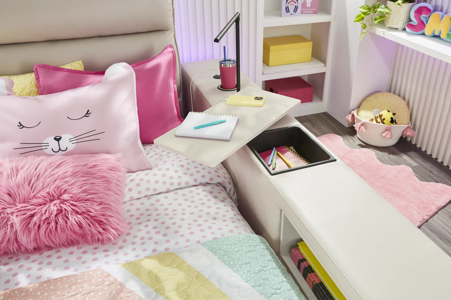 Kids Cloud9 Cream Full Upholstered Bed with Nightstand, Lounger and Bookcase - Image 9