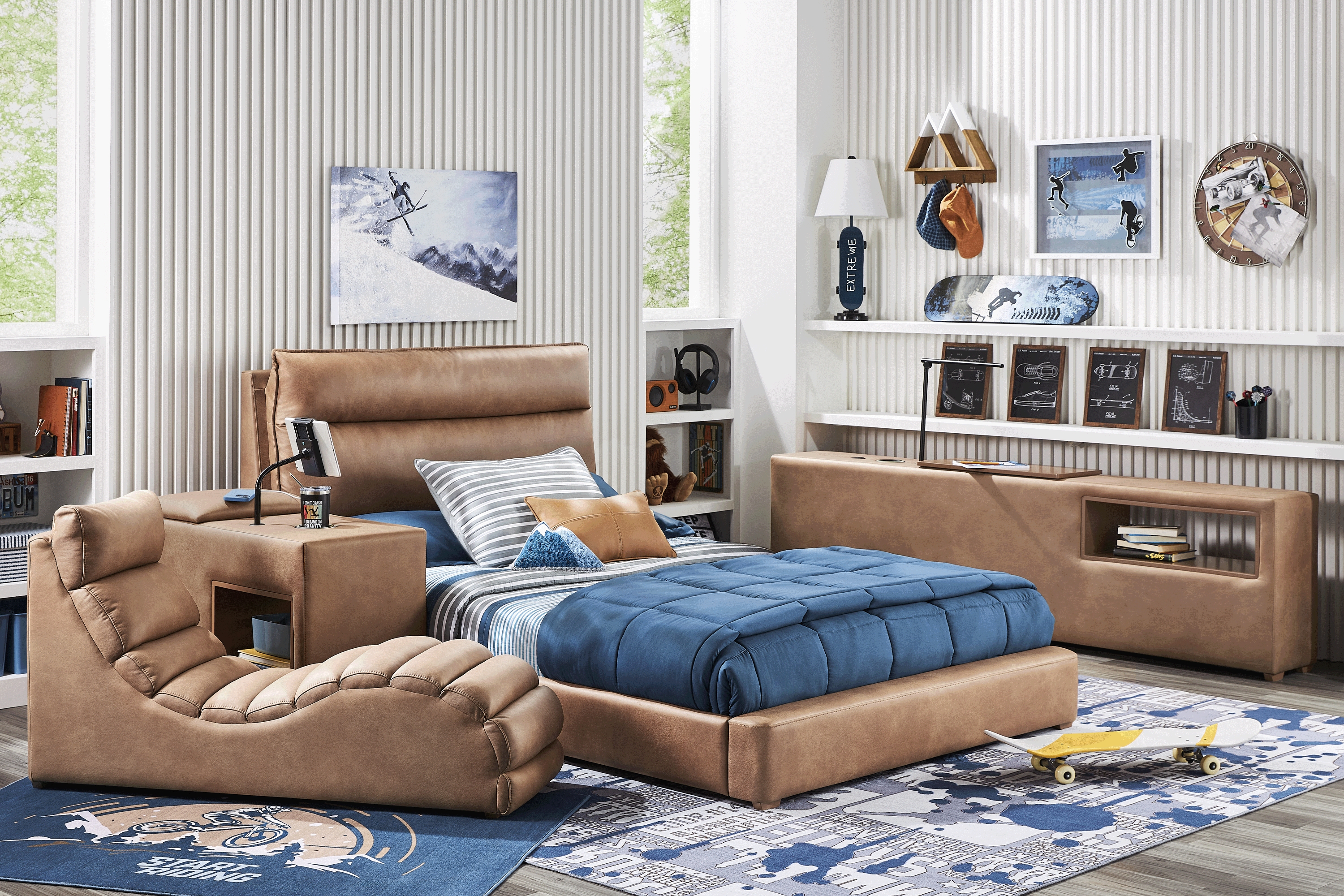 Kids Cloud9 Saddle Full Upholstered Bed with Nightstand, Lounger and Bookcase - Thumbnail - Image 3