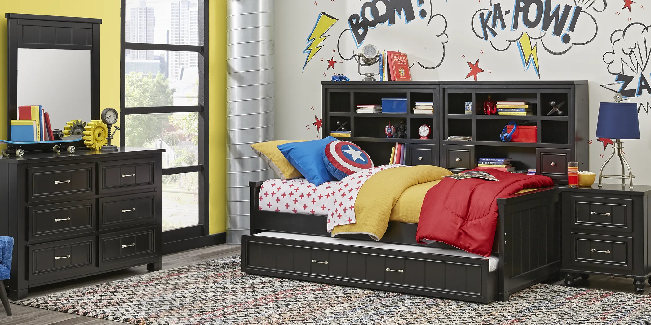 Kids Cottage Colors Black Full Bookcase Wall Bed - Thumbnail - Image 2