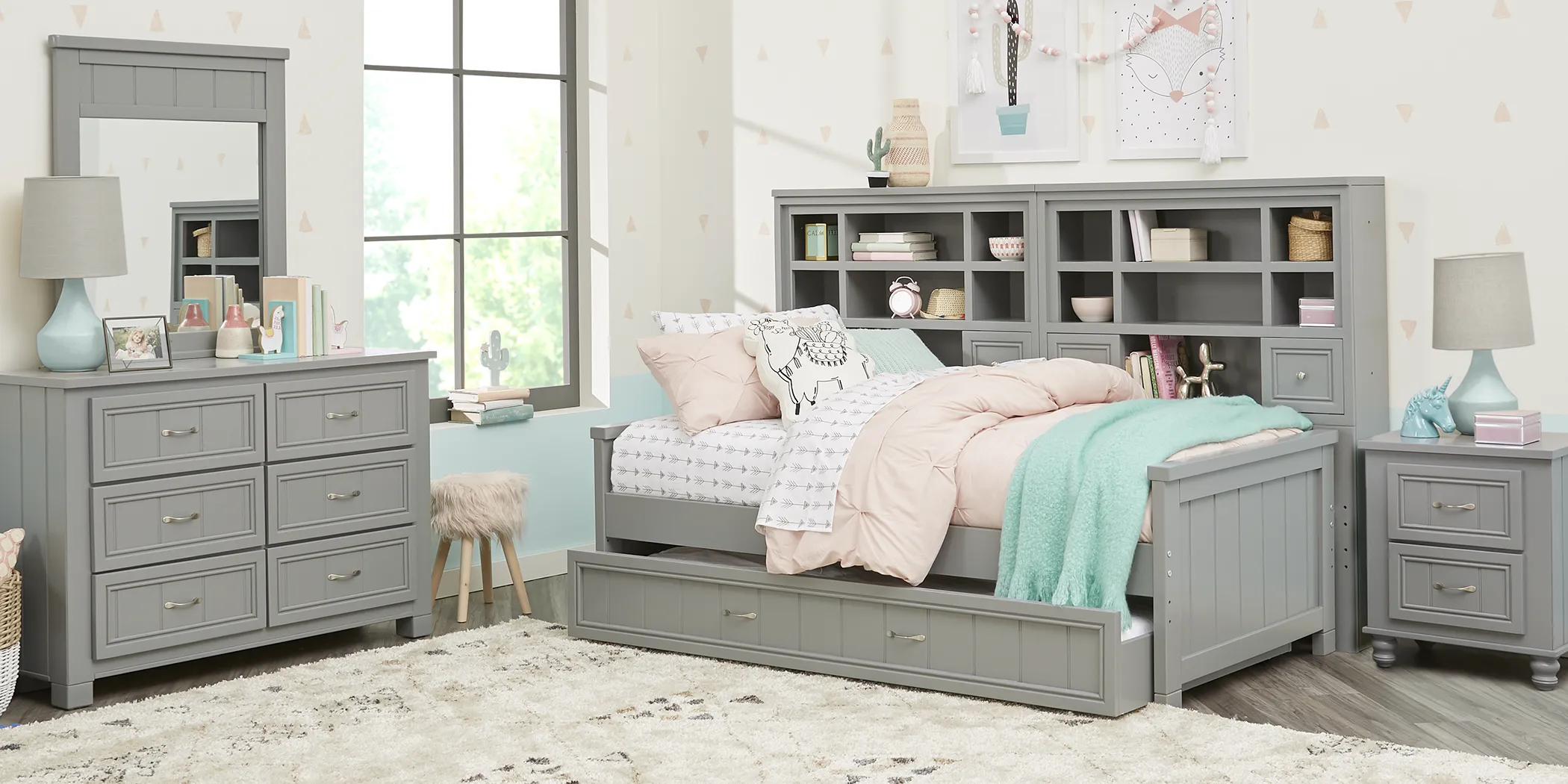 Kids Cottage Colors Gray Twin Bookcase Wall Bed - Thumbnail - Image 2