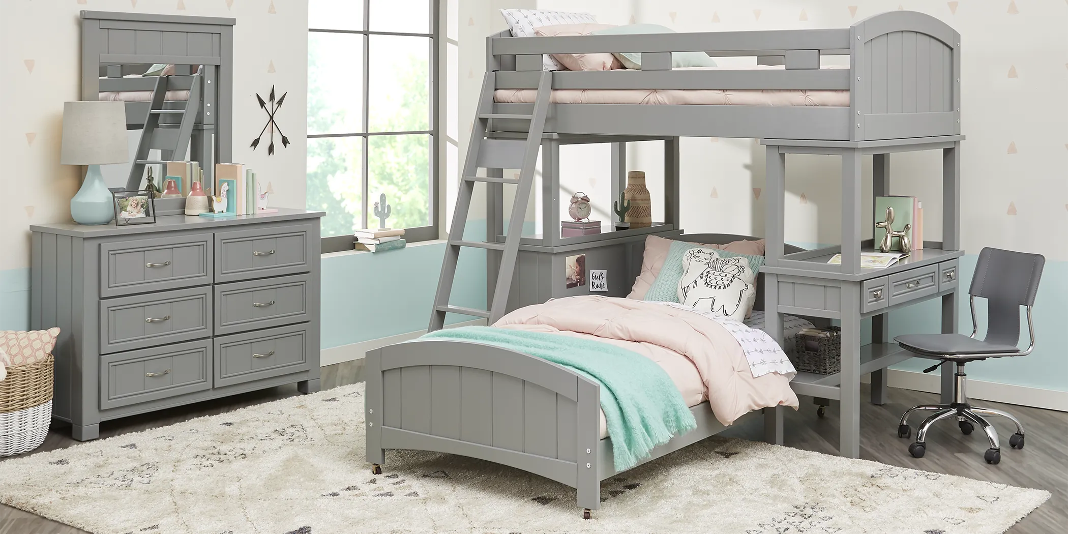 Kids Cottage Colors Gray Twin Loft Bunk with Desk and Dresser - Thumbnail - Image 2