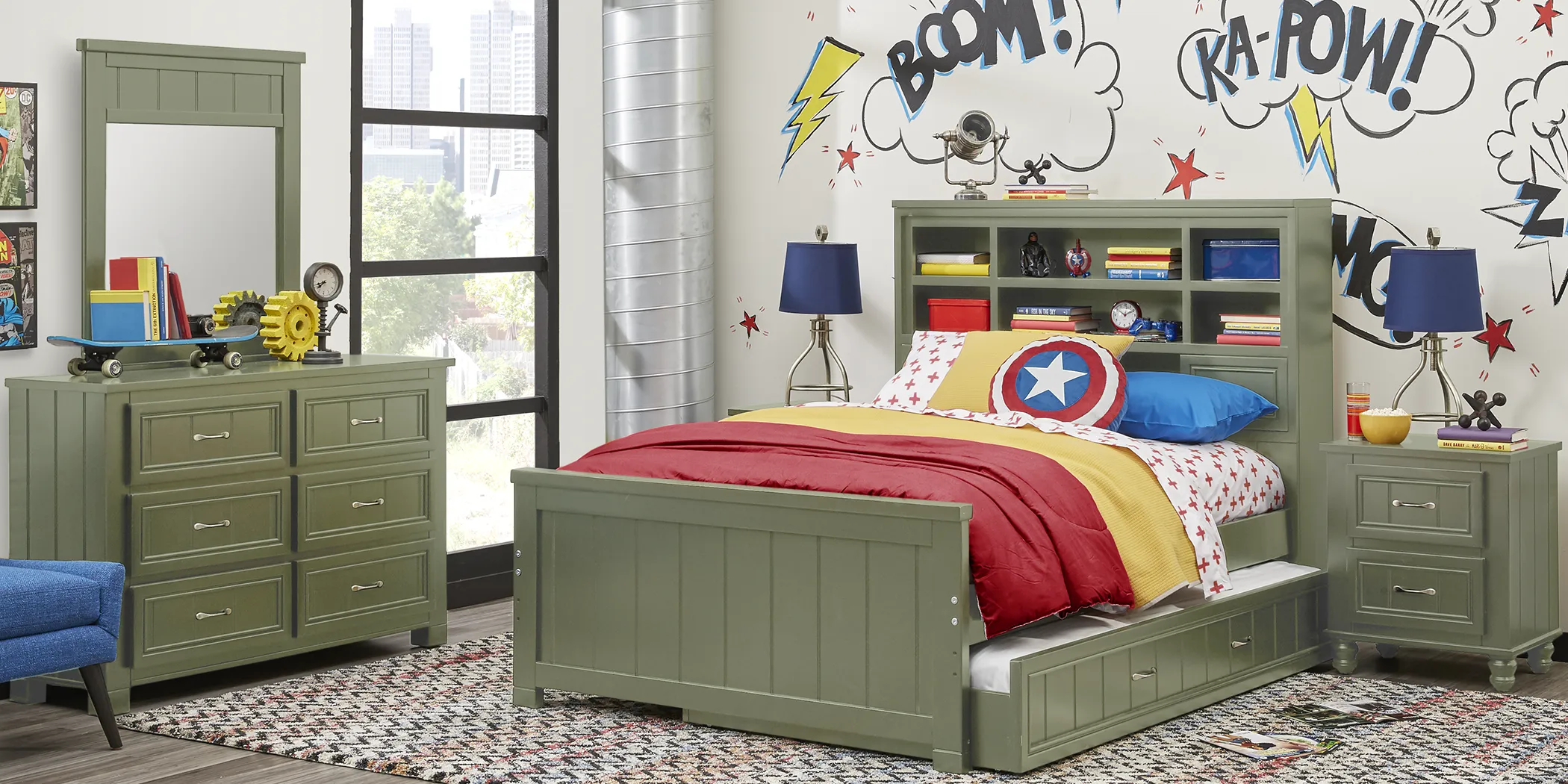 Kids Cottage Colors Green 5 Pc Full Bookcase Bedroom - Thumbnail - Image 1
