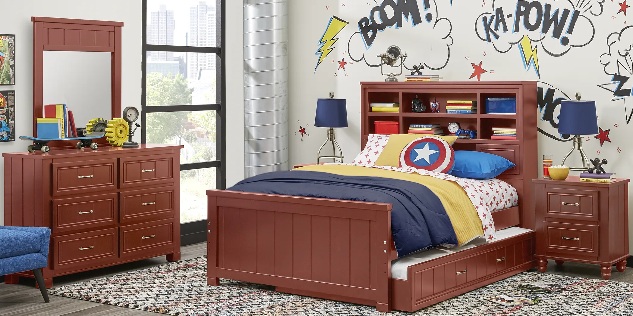 Kids Cottage Colors Red 5 Pc Twin Bookcase Bedroom - Thumbnail - Image 1