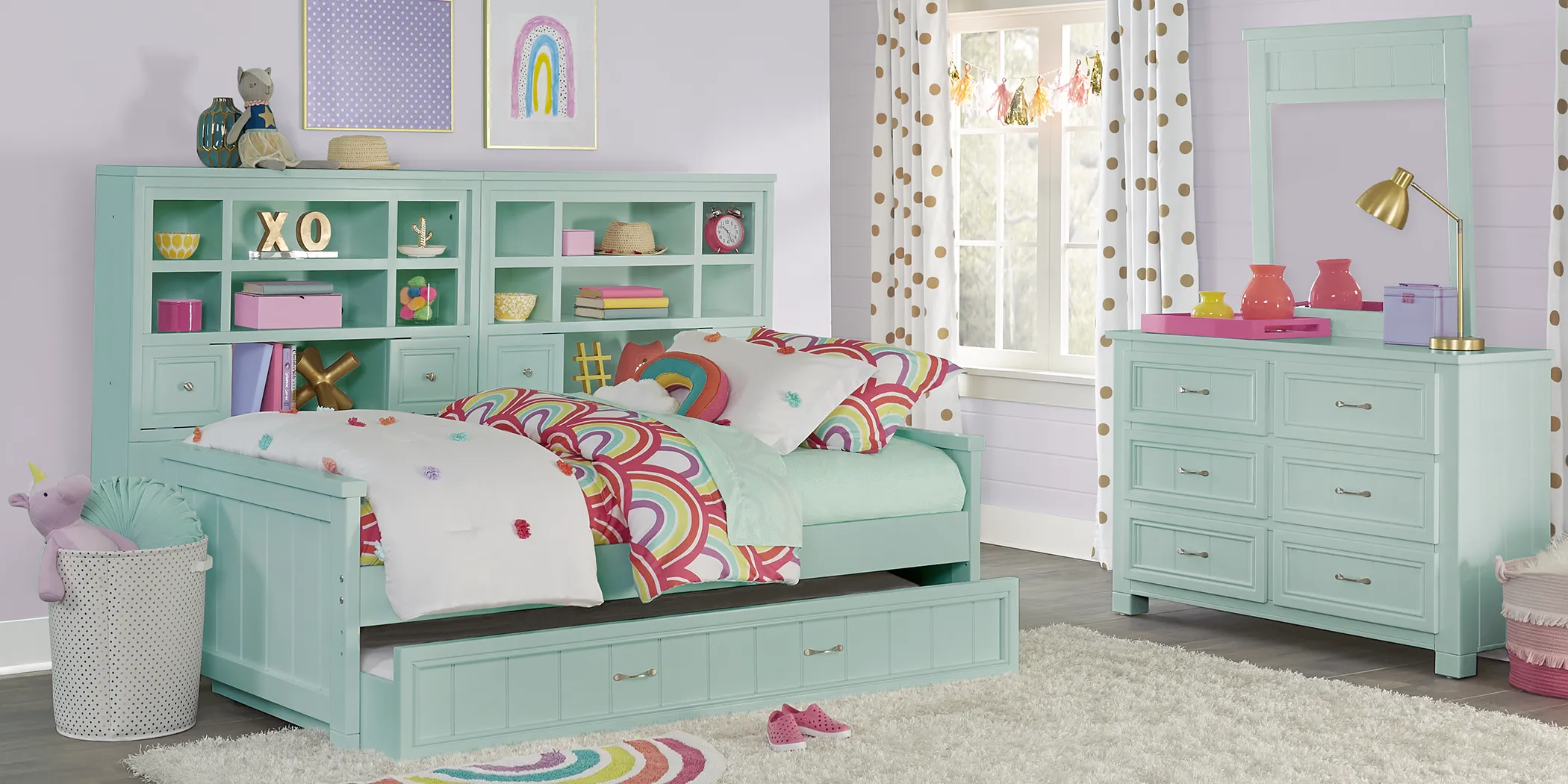 Kids Cottage Colors Turquoise 5 Pc Twin Bookcase Wall Bed - Thumbnail - Image 3