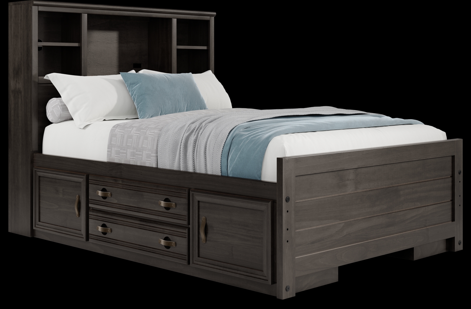 charcoal full bookcase bed w 2 storage rails