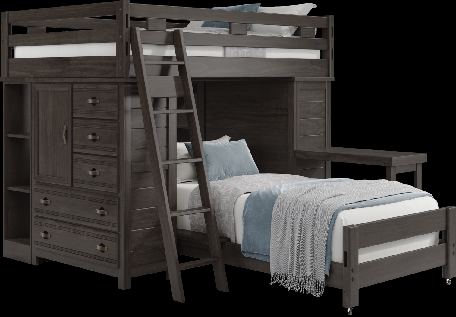 Kids Creekside 2.0 Charcoal Full/Twin Loft with 2 Loft Chests, 2 Bookcases and Desk Attachment - Thumbnail - Image 1