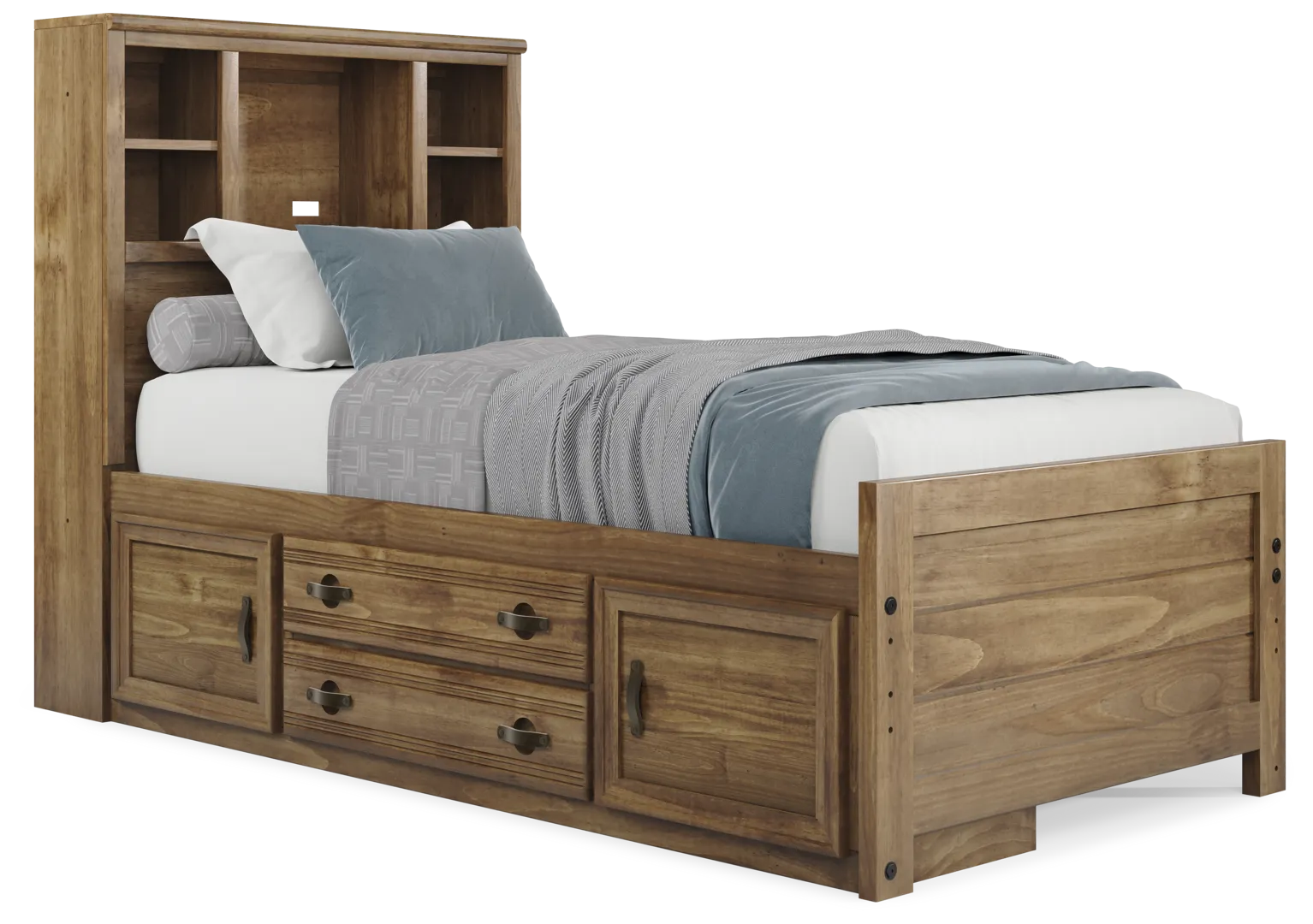 chestnut twin bookcase bed w storage rail