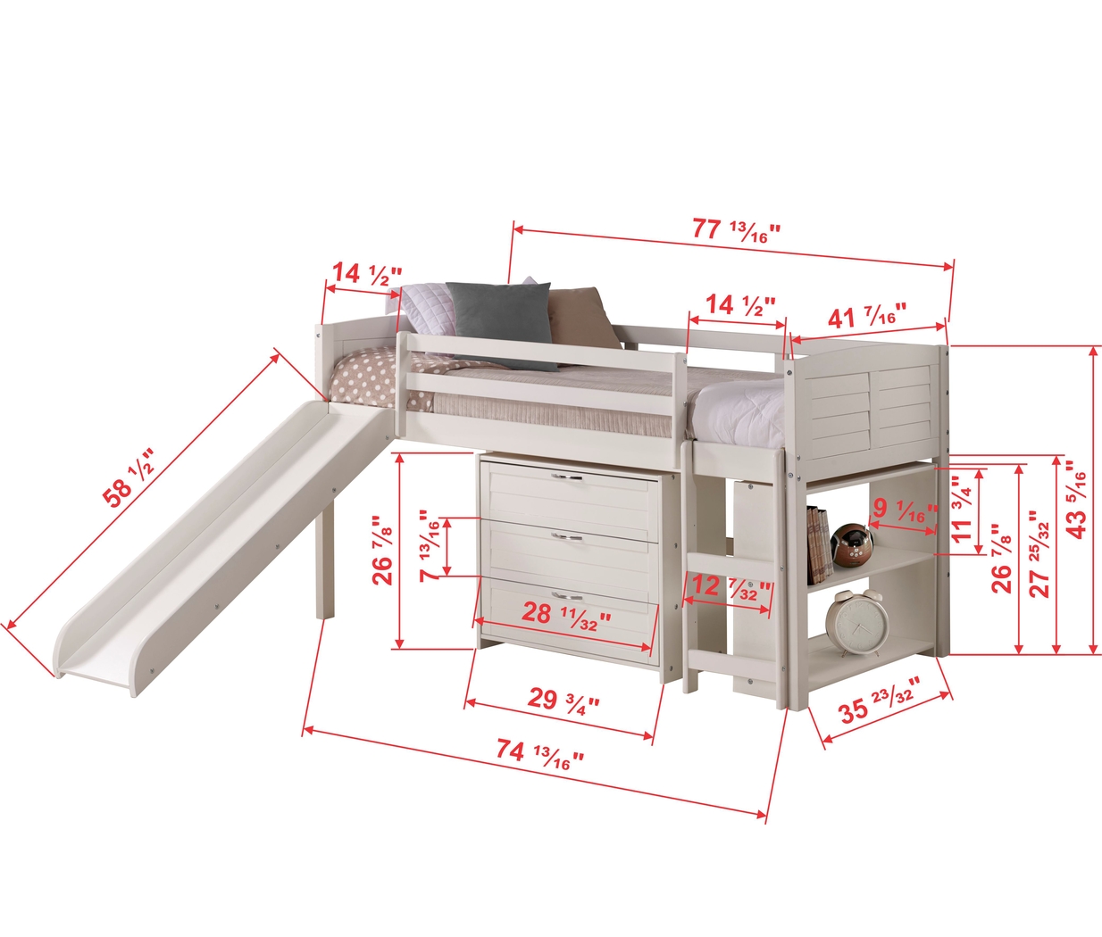 Kids Daintree White Twin Jr. Loft Bed with Drawers and Slide - Thumbnail - Image 2