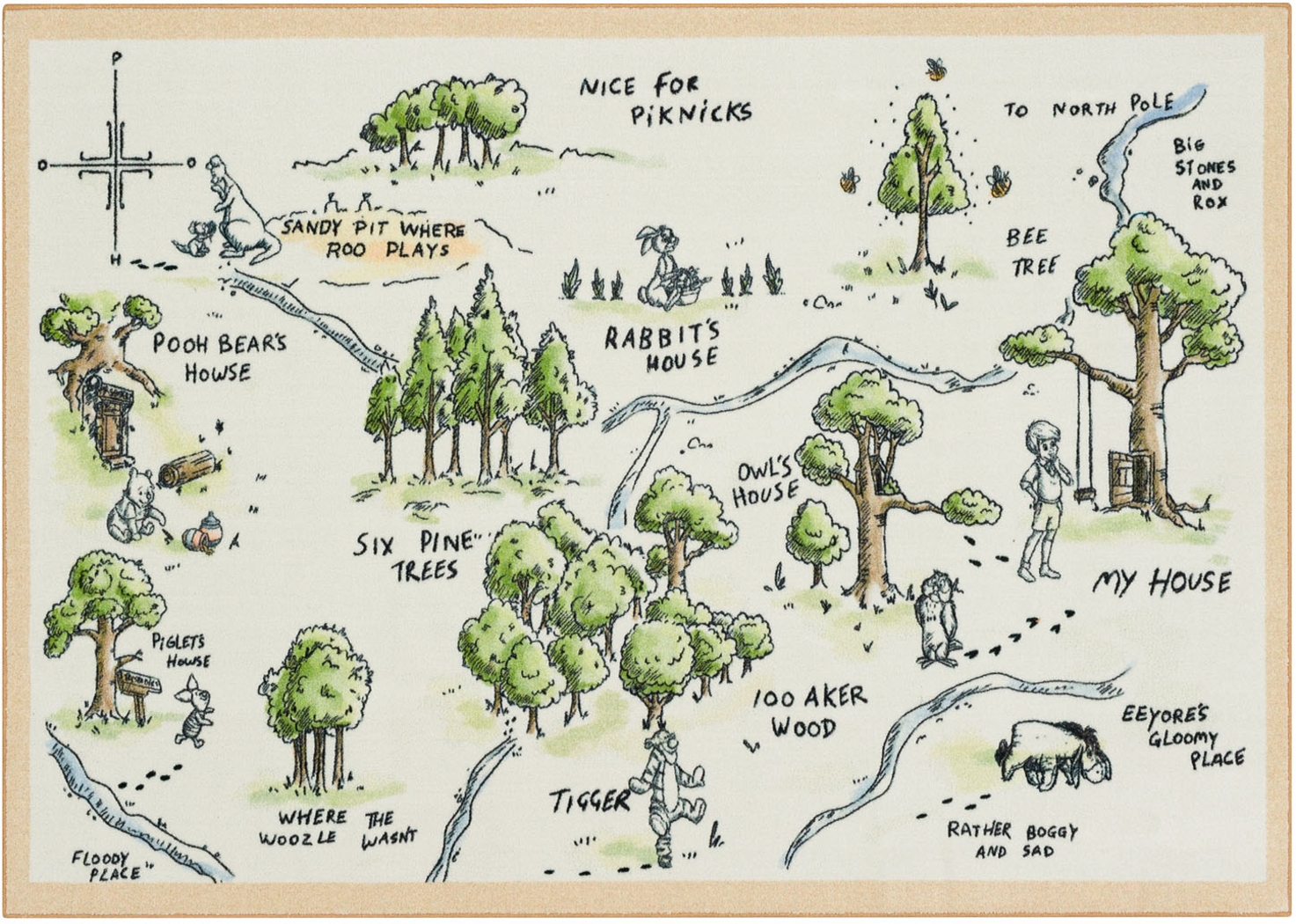 Kids Disney Winnie The Pooh 100 Acre Wood Map White 5' x 8' Rug - Thumbnail - Image 1