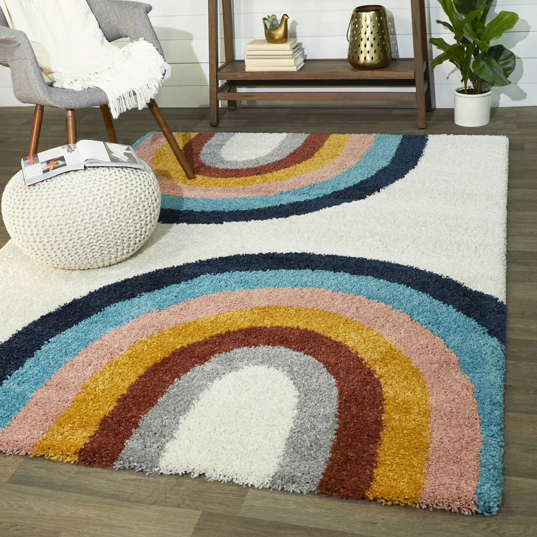 Kids Double Rainbow Cream 5'3 x 7' Rug - Thumbnail - Image 2