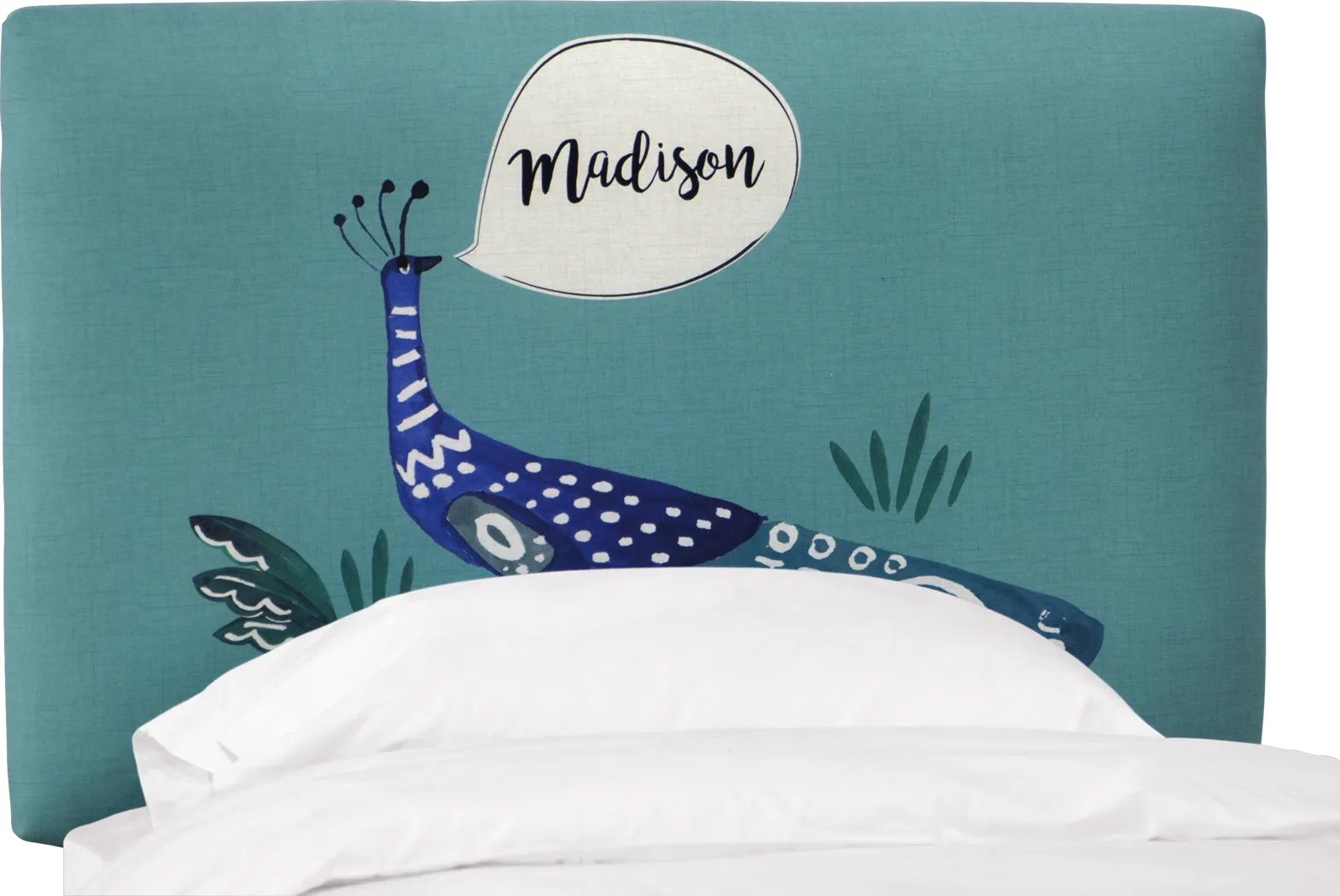 Kids Dreaming Peacock Aqua Twin Personalized Upholstered Headboard - Thumbnail - Image 2