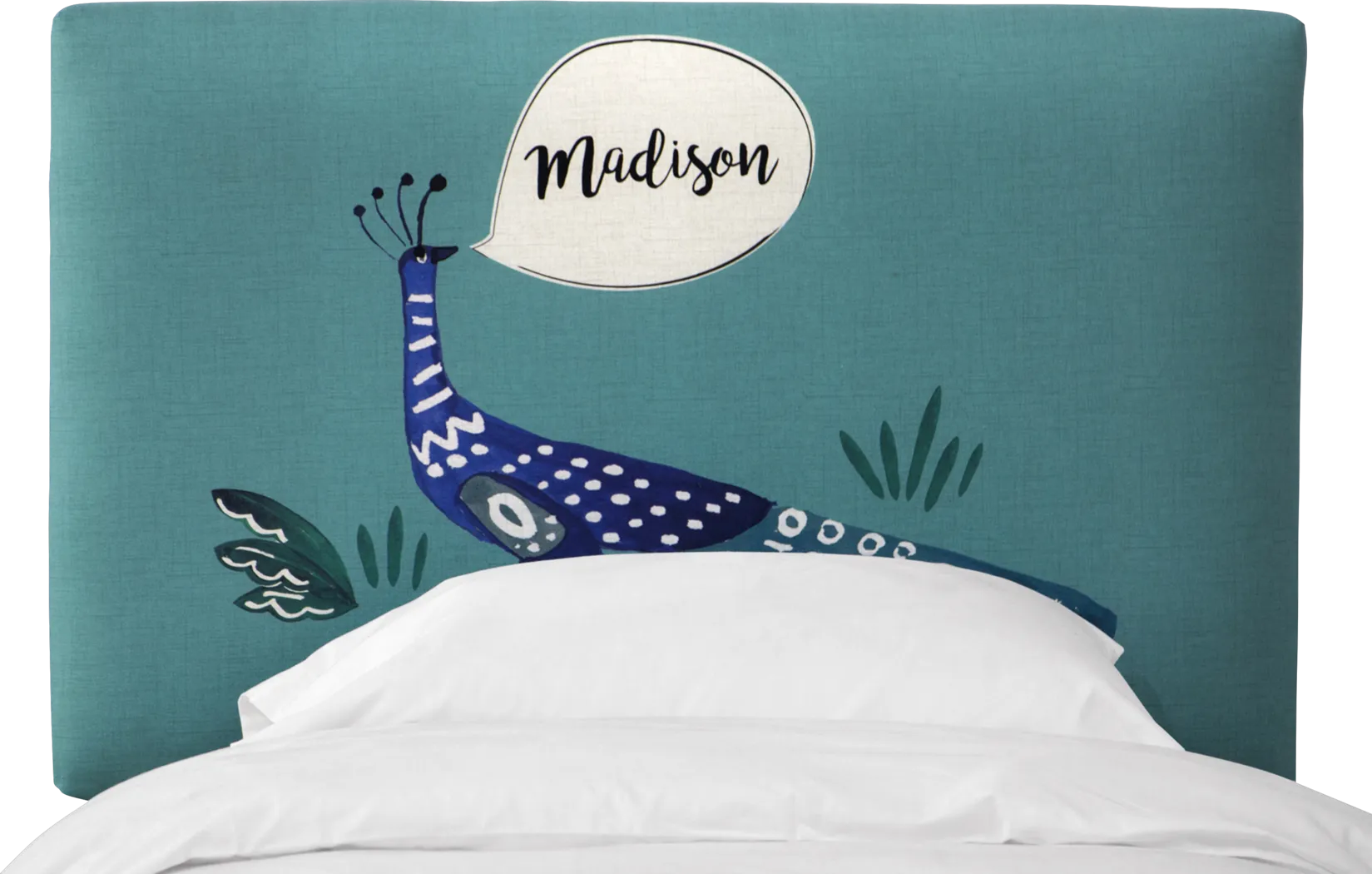 Kids Dreaming Peacock Aqua Twin Personalized Upholstered Headboard - Thumbnail - Image 1