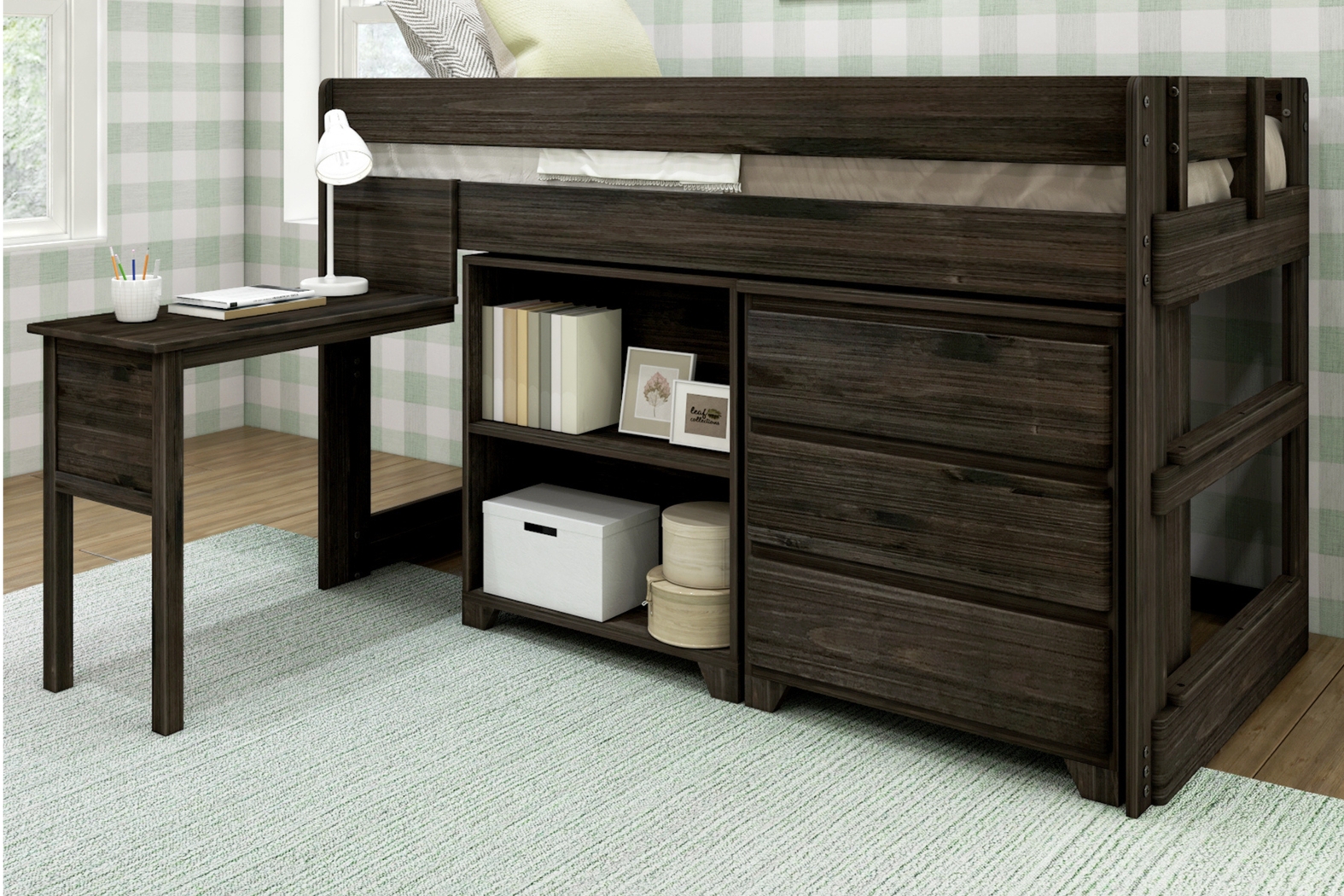 Kids Eliska I Brown Twin Loft Bed with Dresser, Bookcase, and Desk - Thumbnail - Image 2