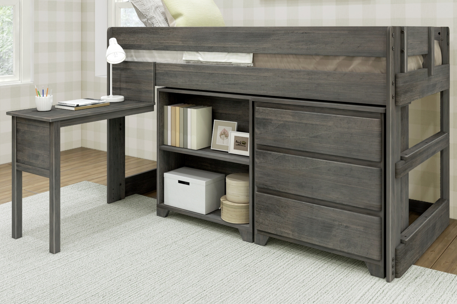 Kids Eliska I Gray Twin Loft Bed with Dresser, Bookcase, and Desk - Thumbnail - Image 2