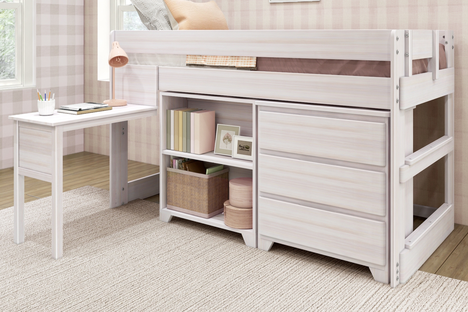 Kids Eliska I White Twin Loft Bed with Dresser, Bookcase, and Desk - Thumbnail - Image 2