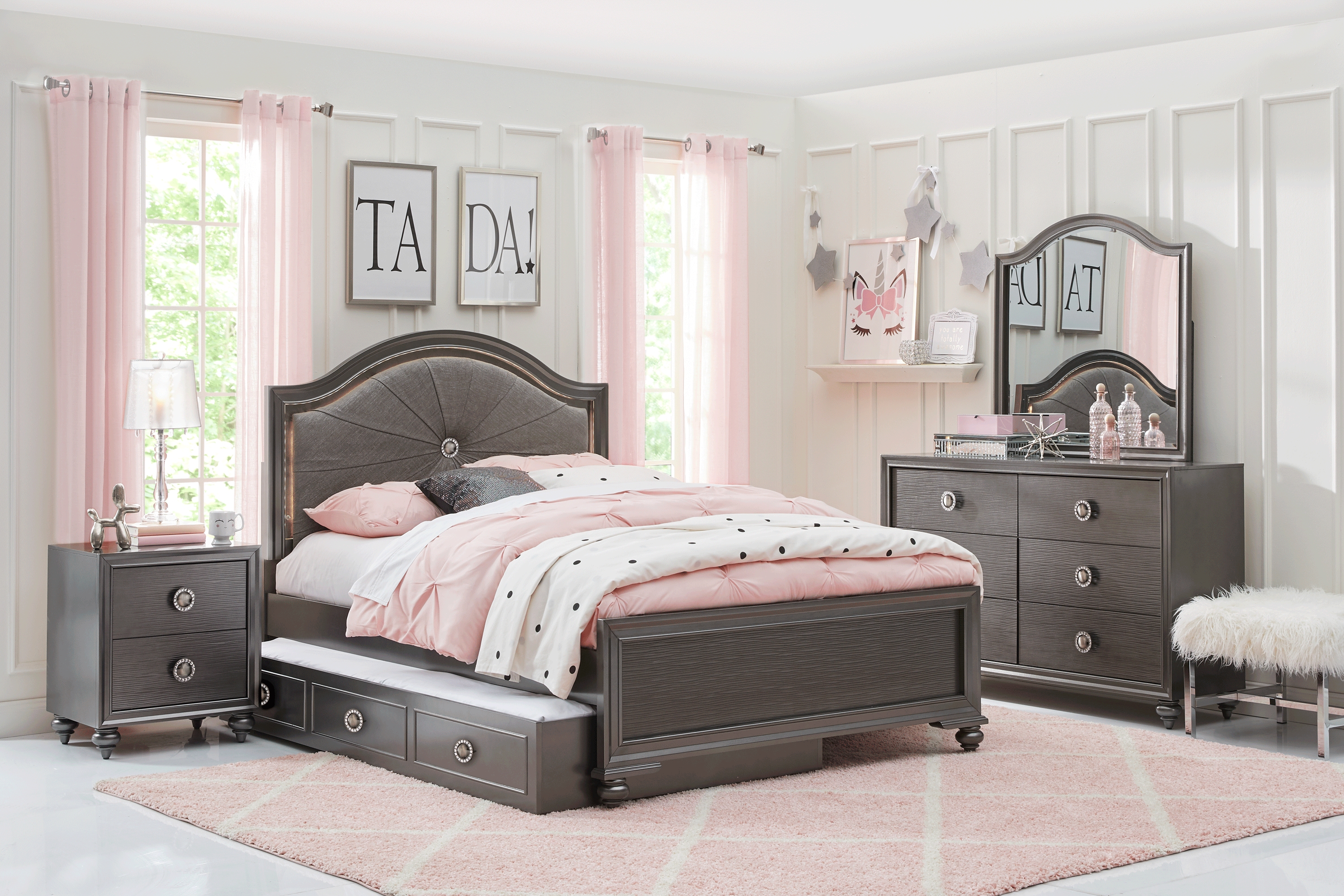 Kids Evangeline Charcoal 5 Pc Full Lighted Upholstered Bedroom - Thumbnail - Image 1
