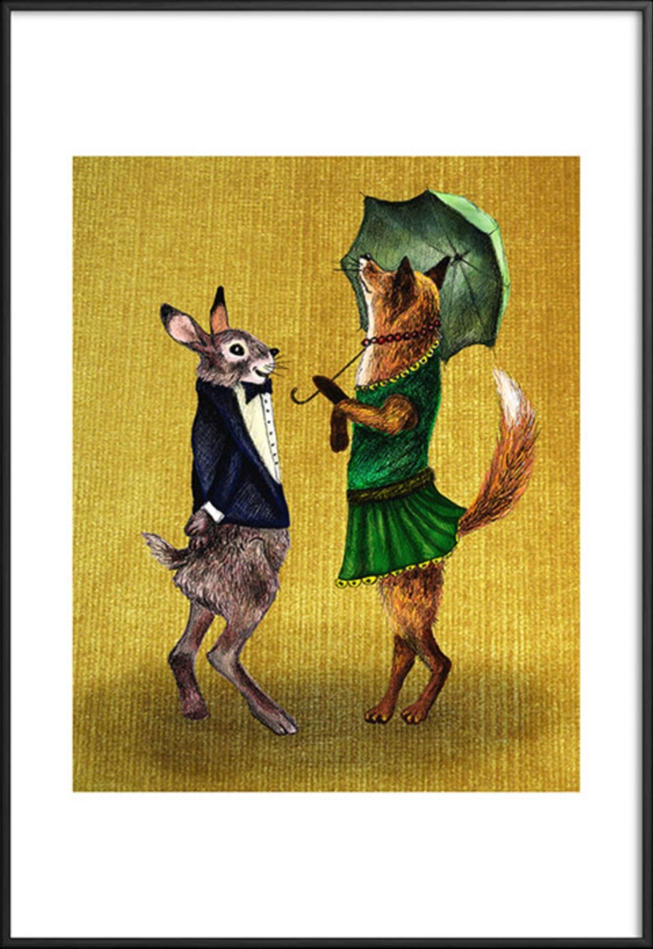Kids Fox And Hare Gold Metal Framed Print - Thumbnail - Image 1
