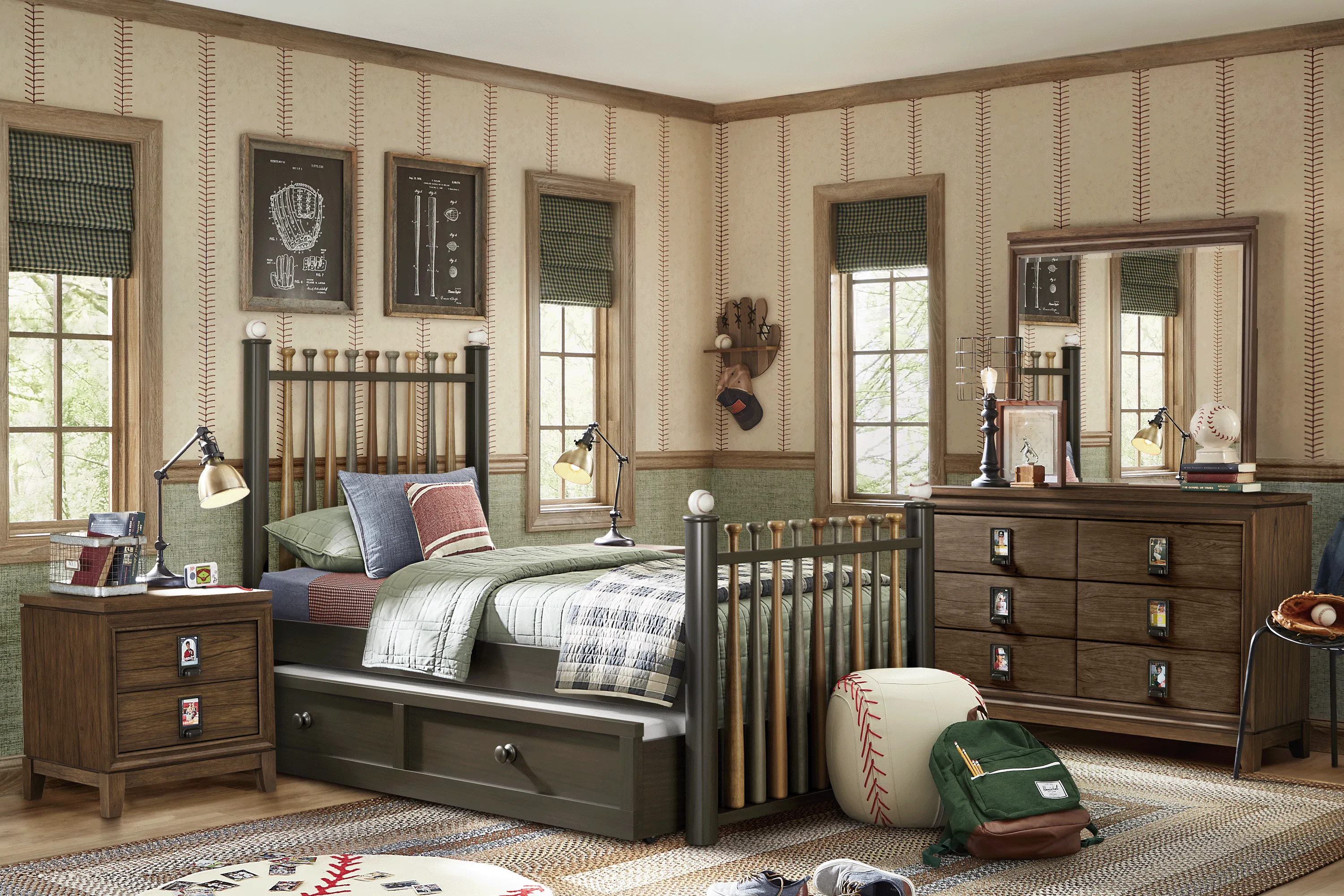 Kids Gallery Zone Saddle Bedroom with Stained Twin Batter Up Baseball Bat Bed - Thumbnail - Image 1