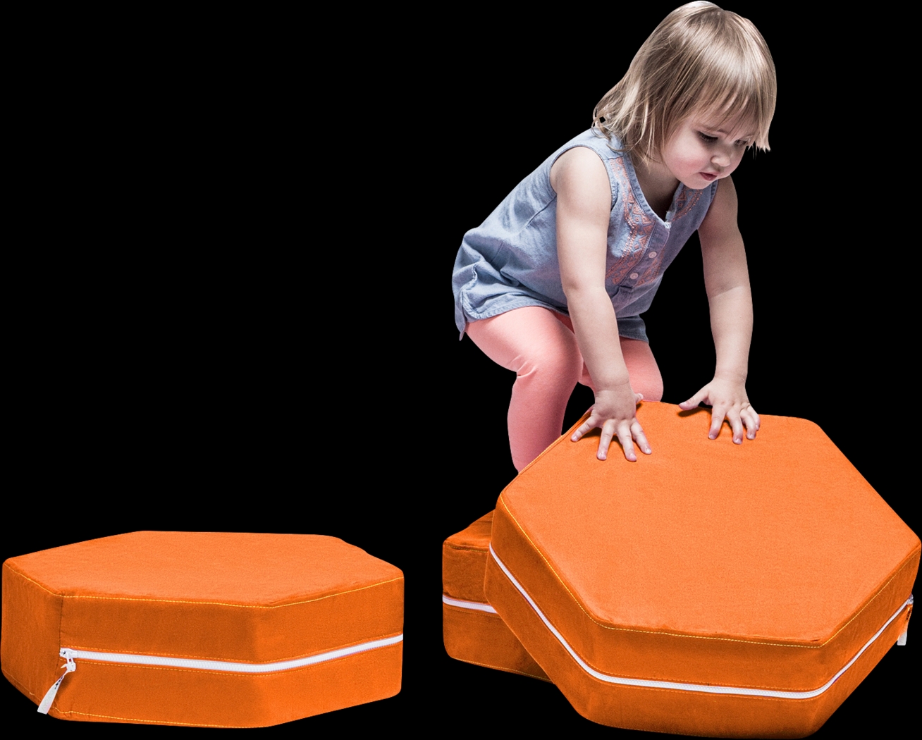 Kids Geddy Orange Ottomans, Set of 3 - Thumbnail - Image 1