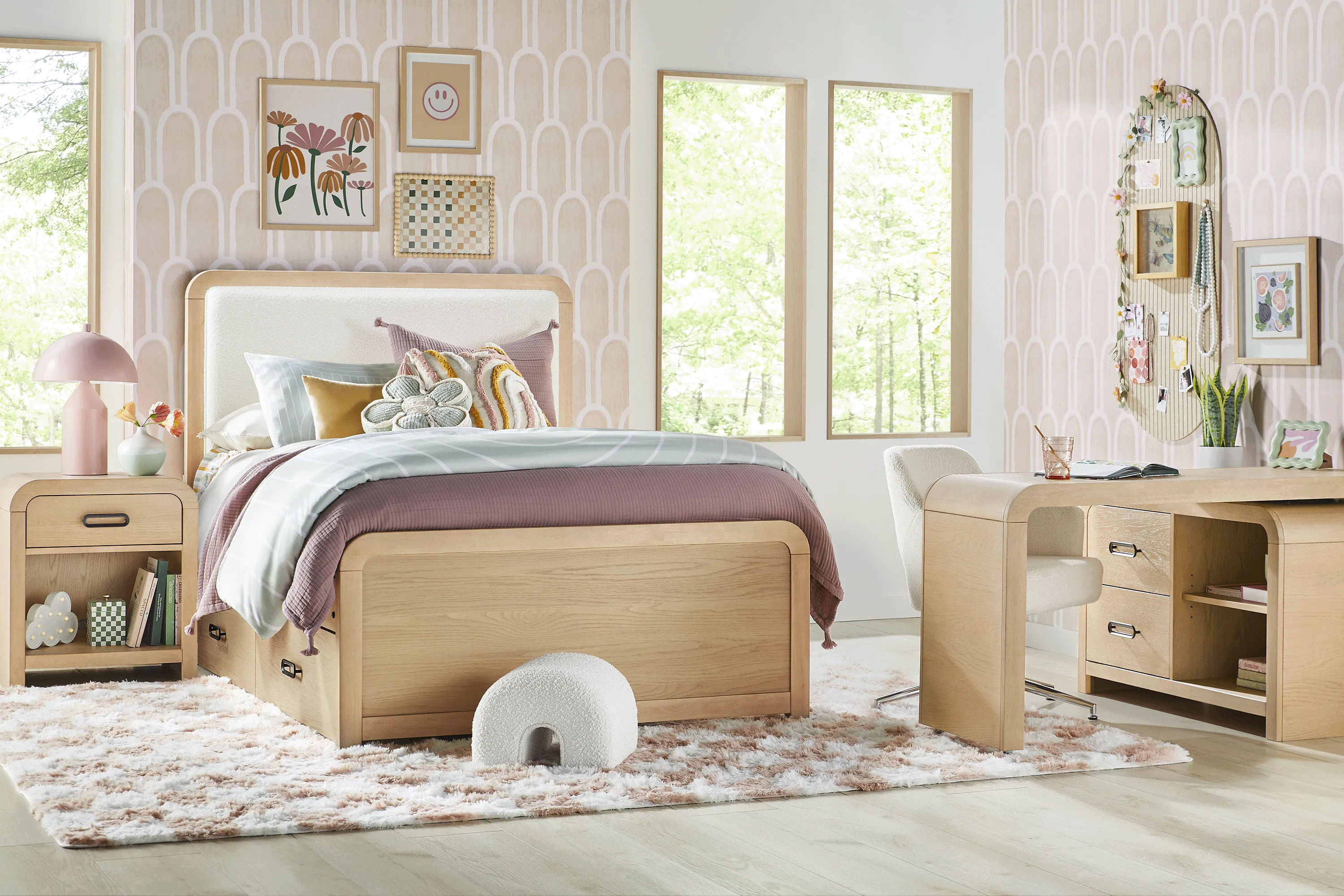 Kids Hidden Hills Light Oak Full Upholstered Panel Bedroom - Image 1