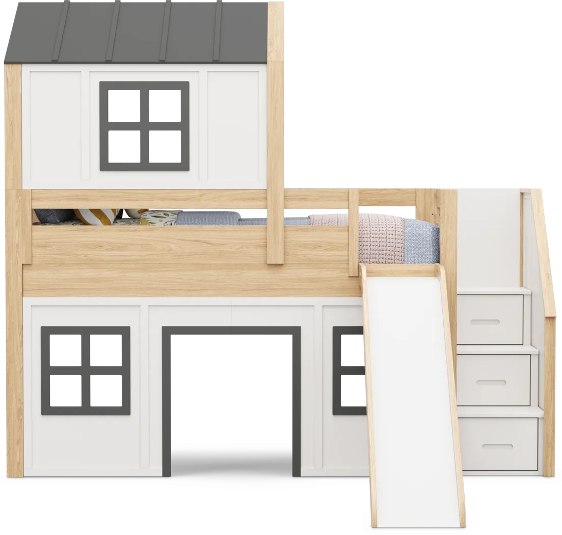 Kids Hidden Hills Light Oak Twin Low Loft Treehouse with Steps and Slide - Image 5