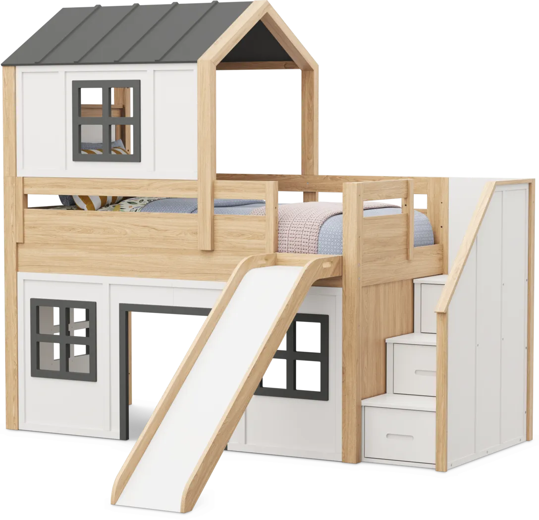 Kids Hidden Hills Light Oak Twin Low Loft Treehouse with Steps and Slide - Image 6